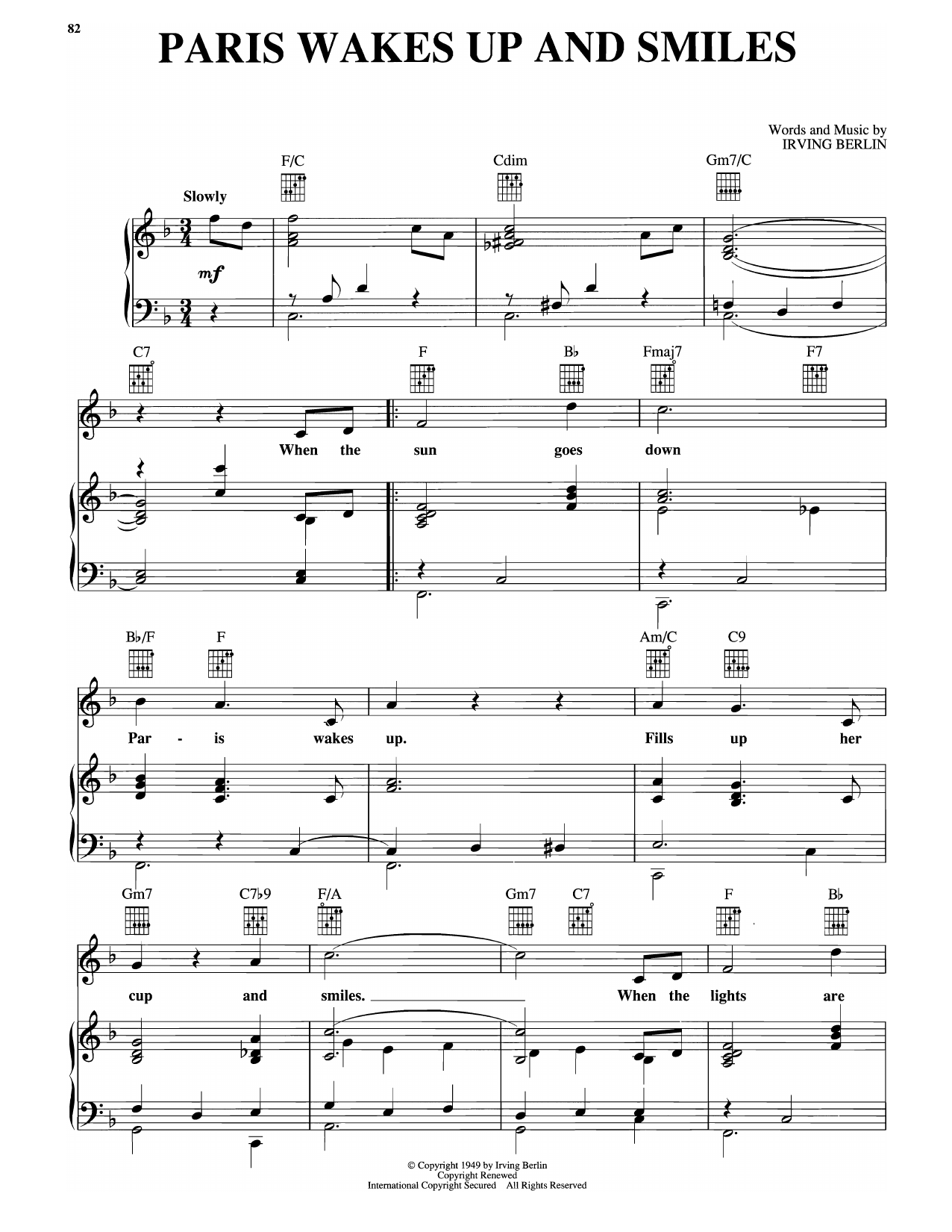 Download Irving Berlin Paris Wakes Up And Smiles (from Miss Liberty) Sheet Music and learn how to play Piano, Vocal & Guitar Chords (Right-Hand Melody) PDF digital score in minutes