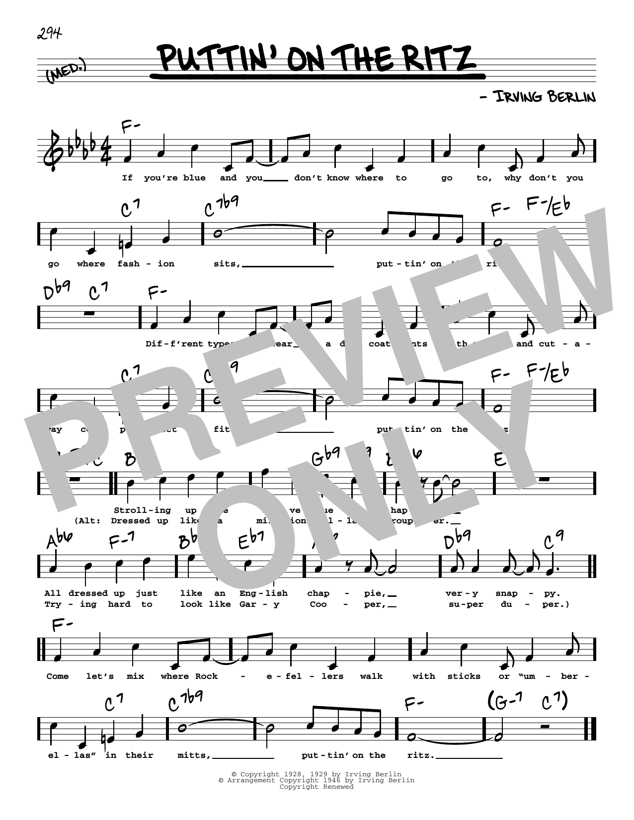 Download Irving Berlin Puttin' On The Ritz (High Voice) Sheet Music and learn how to play Real Book – Melody, Lyrics & Chords PDF digital score in minutes