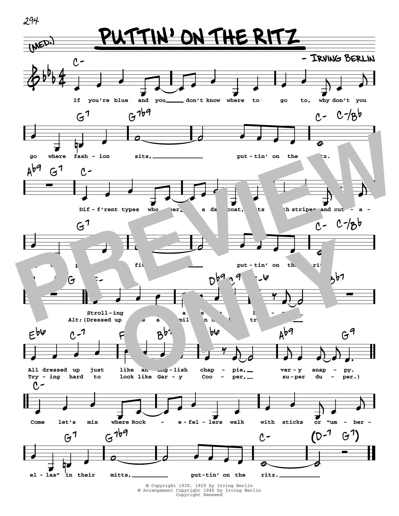 Download Irving Berlin Puttin' On The Ritz (Low Voice) Sheet Music and learn how to play Real Book – Melody, Lyrics & Chords PDF digital score in minutes
