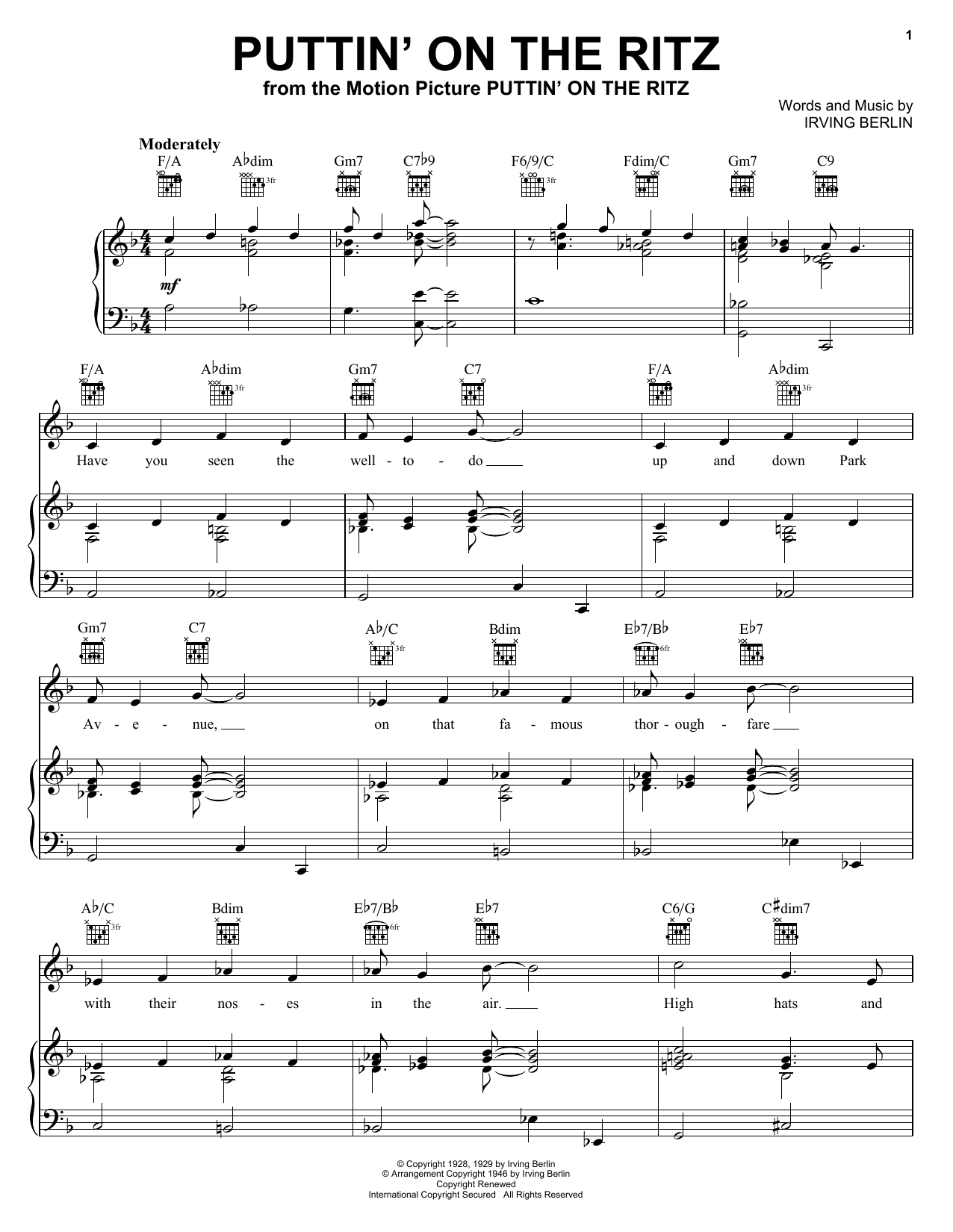 Download Irving Berlin Puttin' On The Ritz Sheet Music and learn how to play Real Book – Melody & Chords PDF digital score in minutes