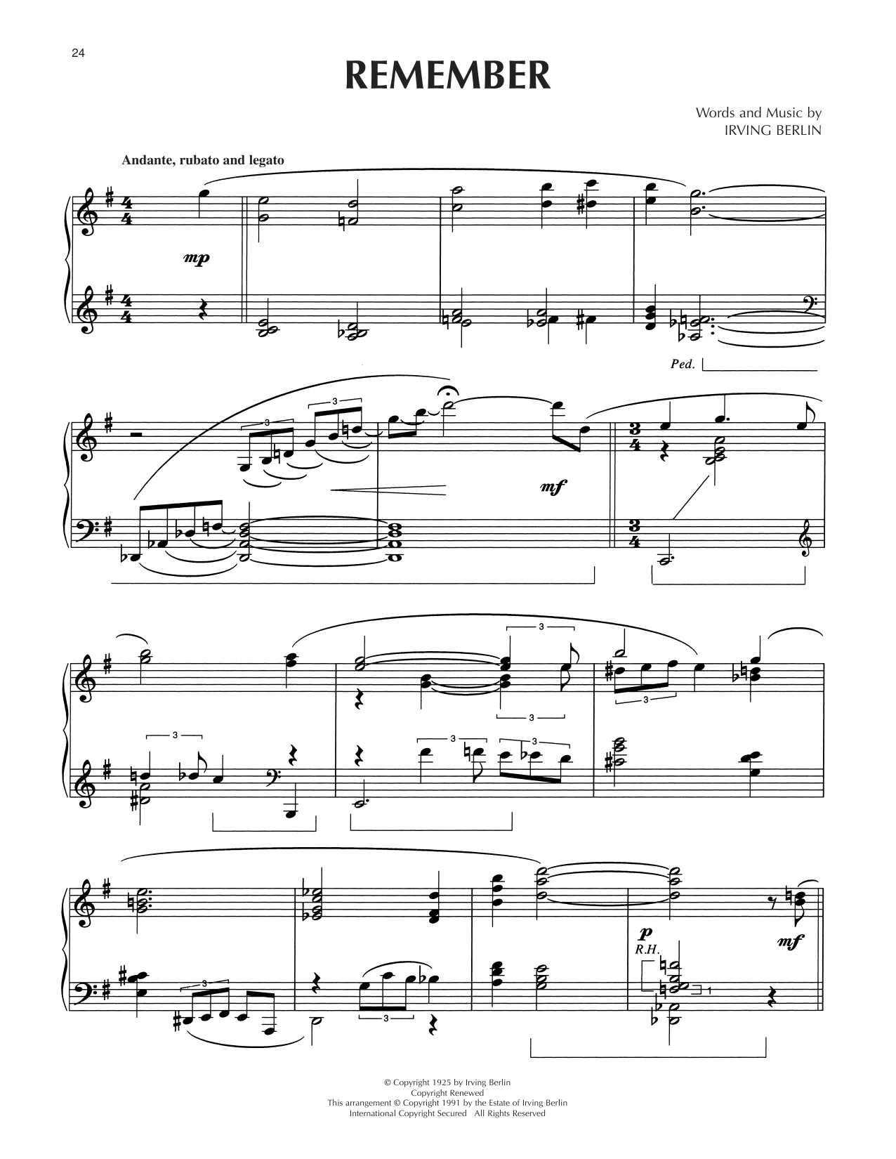 Download Irving Berlin Remember (arr. Dick Hyman) Sheet Music and learn how to play Piano Solo PDF digital score in minutes