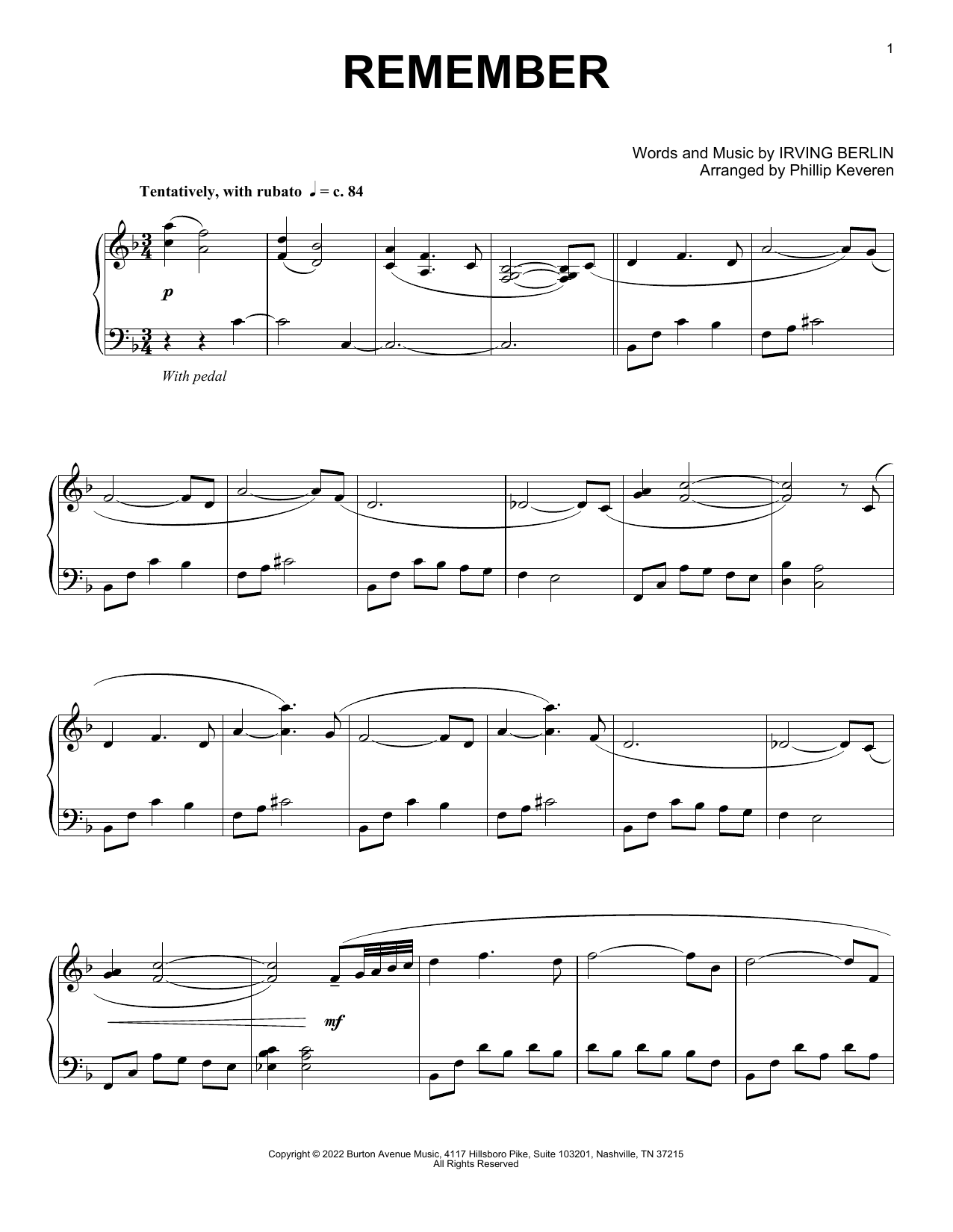 Download Irving Berlin Remember (arr. Phillip Keveren) Sheet Music and learn how to play Piano Solo PDF digital score in minutes