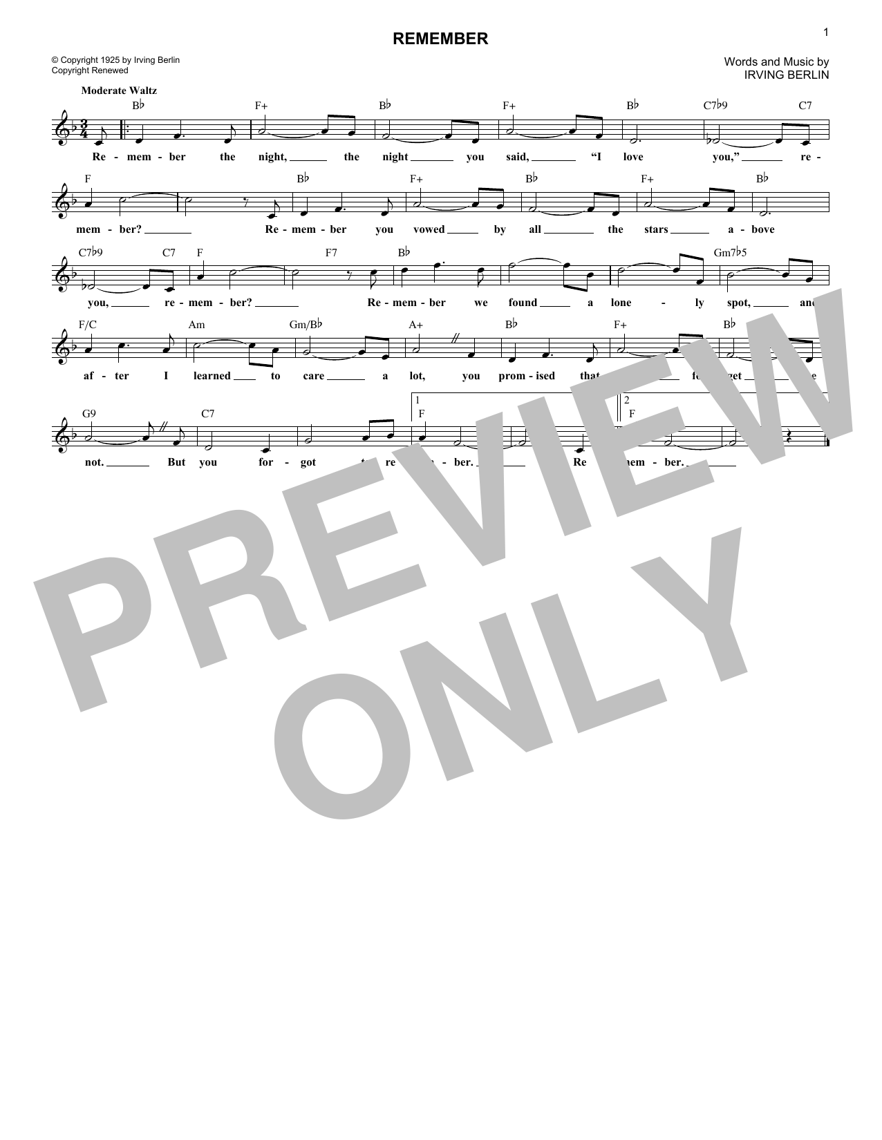 Download Irving Berlin Remember Sheet Music and learn how to play Real Book – Melody & Chords PDF digital score in minutes