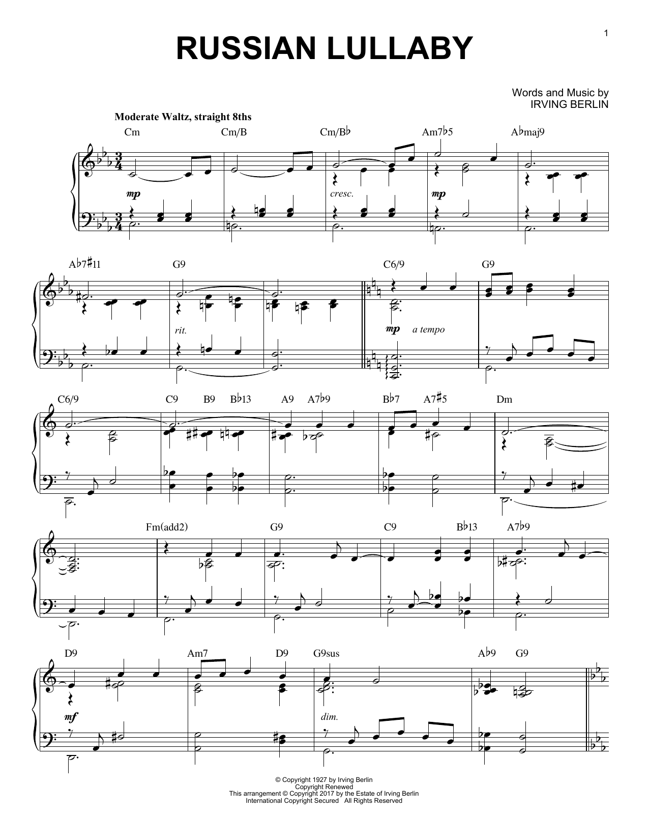 Download Irving Berlin Russian Lullaby Sheet Music and learn how to play Piano PDF digital score in minutes