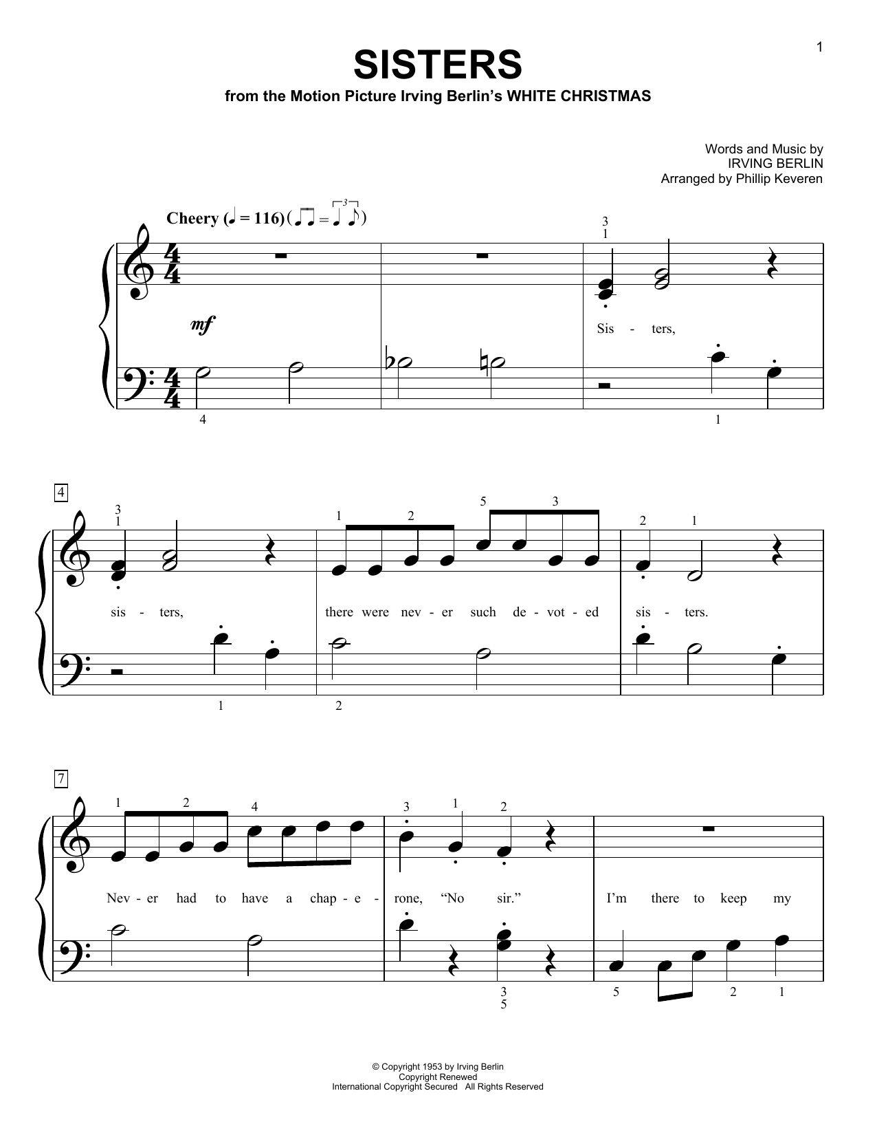 Download Irving Berlin Sisters (from White Christmas) (arr. Phillip Keveren) Sheet Music and learn how to play Big Note Piano PDF digital score in minutes