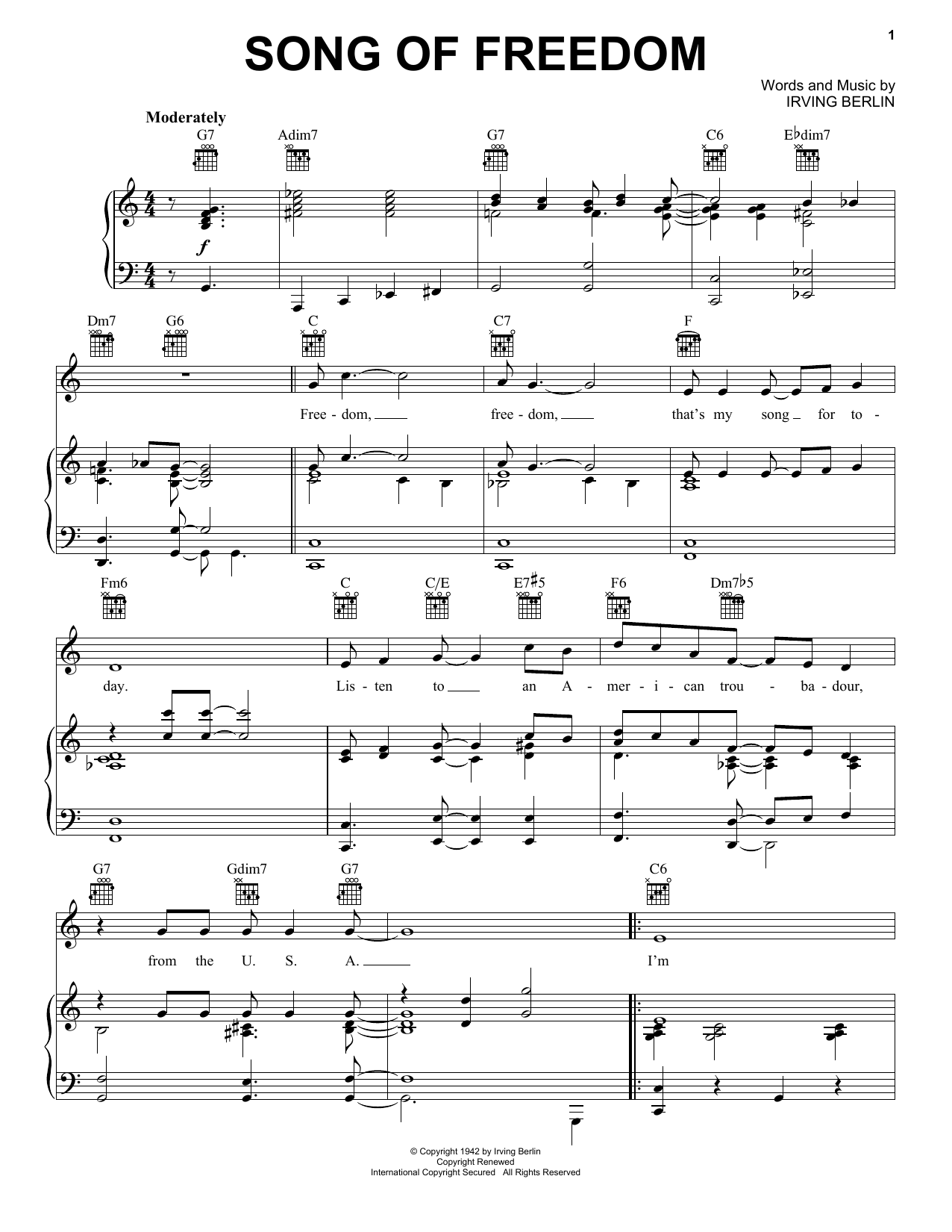 Download Irving Berlin Song Of Freedom Sheet Music and learn how to play Piano, Vocal & Guitar (Right-Hand Melody) PDF digital score in minutes