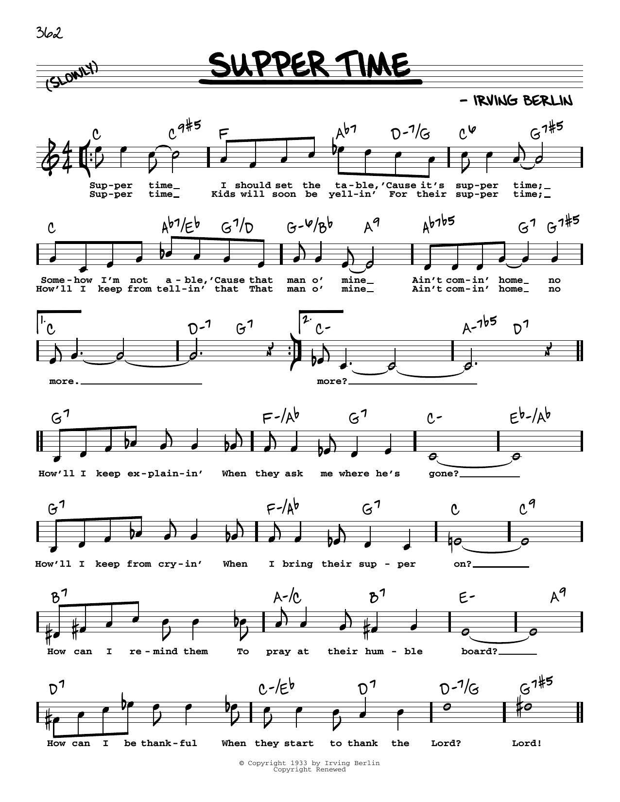 Download Irving Berlin Supper Time (High Voice) Sheet Music and learn how to play Real Book – Melody, Lyrics & Chords PDF digital score in minutes