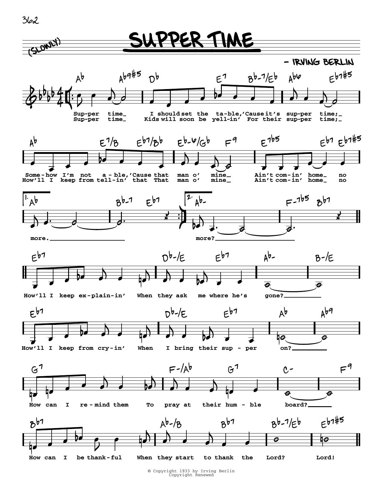 Download Irving Berlin Supper Time (Low Voice) Sheet Music and learn how to play Real Book – Melody, Lyrics & Chords PDF digital score in minutes