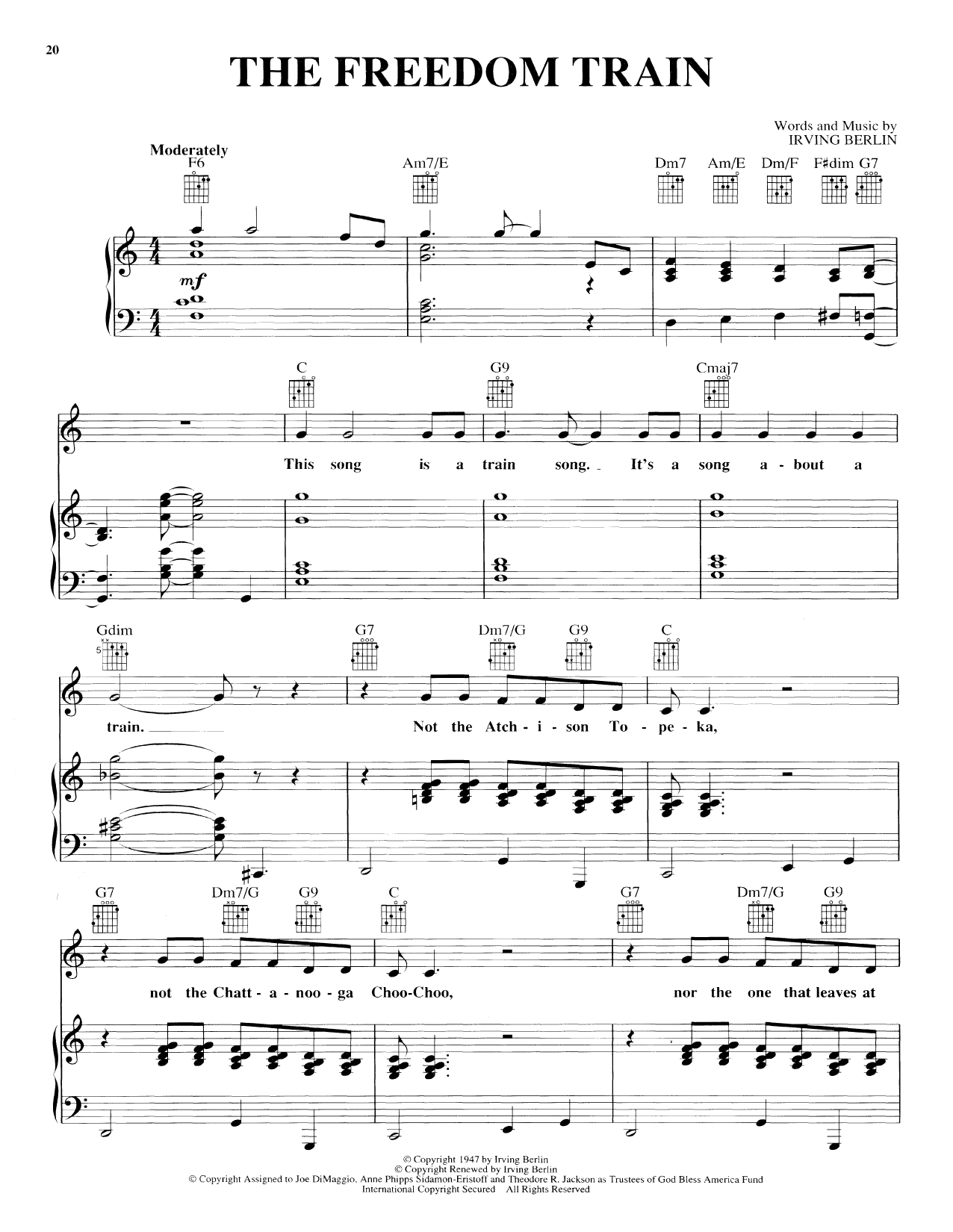 Download Irving Berlin The Freedom Train Sheet Music and learn how to play Piano, Vocal & Guitar (Right-Hand Melody) PDF digital score in minutes