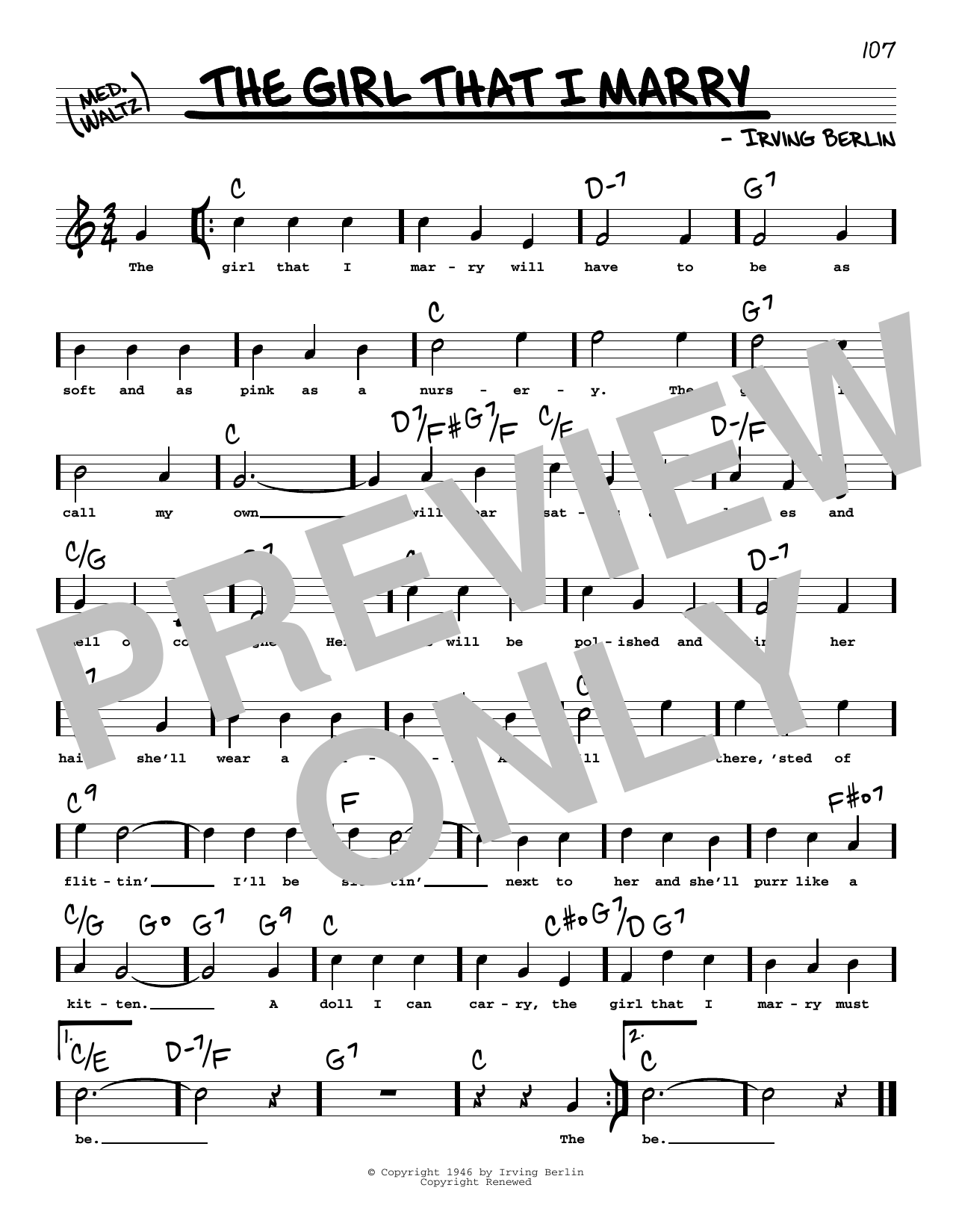 Download Irving Berlin The Girl That I Marry (High Voice) Sheet Music and learn how to play Real Book – Melody, Lyrics & Chords PDF digital score in minutes