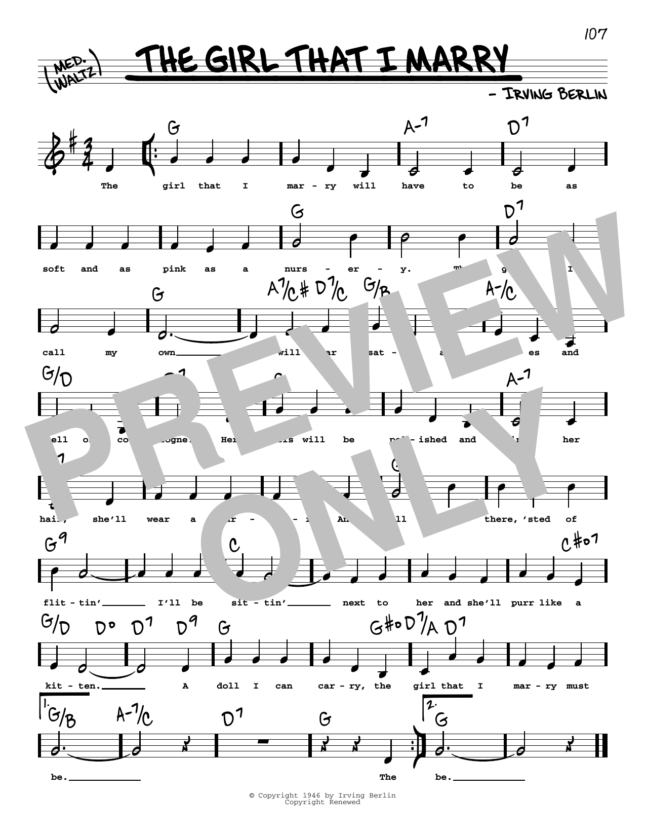 Download Irving Berlin The Girl That I Marry (Low Voice) Sheet Music and learn how to play Real Book – Melody, Lyrics & Chords PDF digital score in minutes