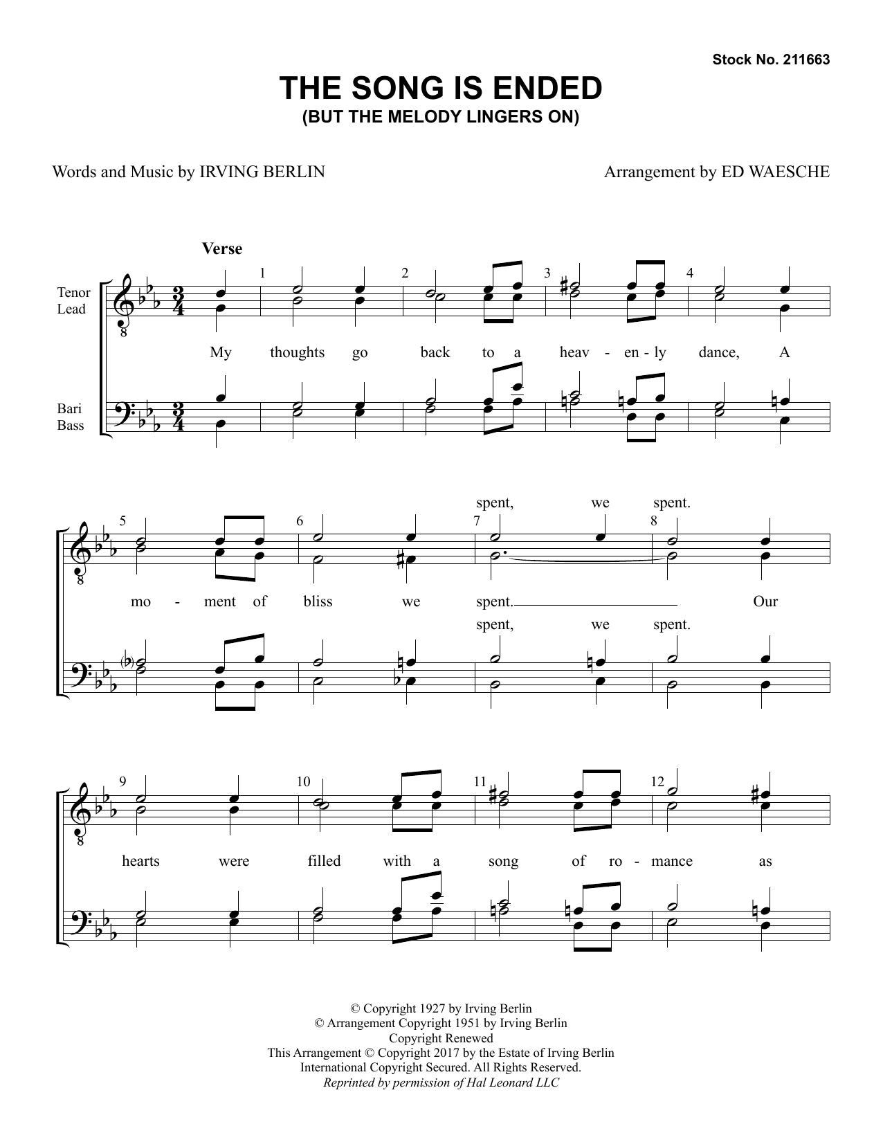 Download Irving Berlin The Song Is Ended (But the Melody Lingers On) (arr. Ed Waesche) Sheet Music and learn how to play TTBB Choir PDF digital score in minutes