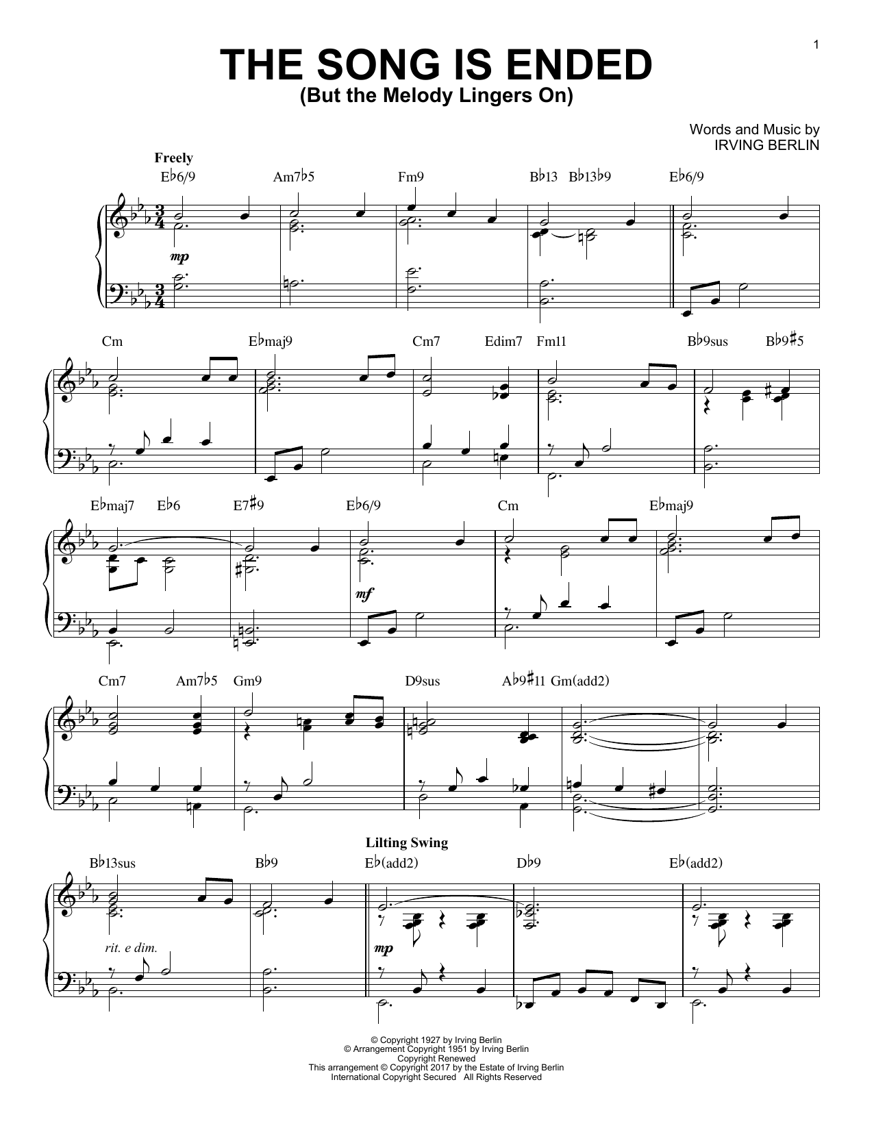 Download Irving Berlin The Song Is Ended (But The Melody Lingers On) Sheet Music and learn how to play Piano PDF digital score in minutes