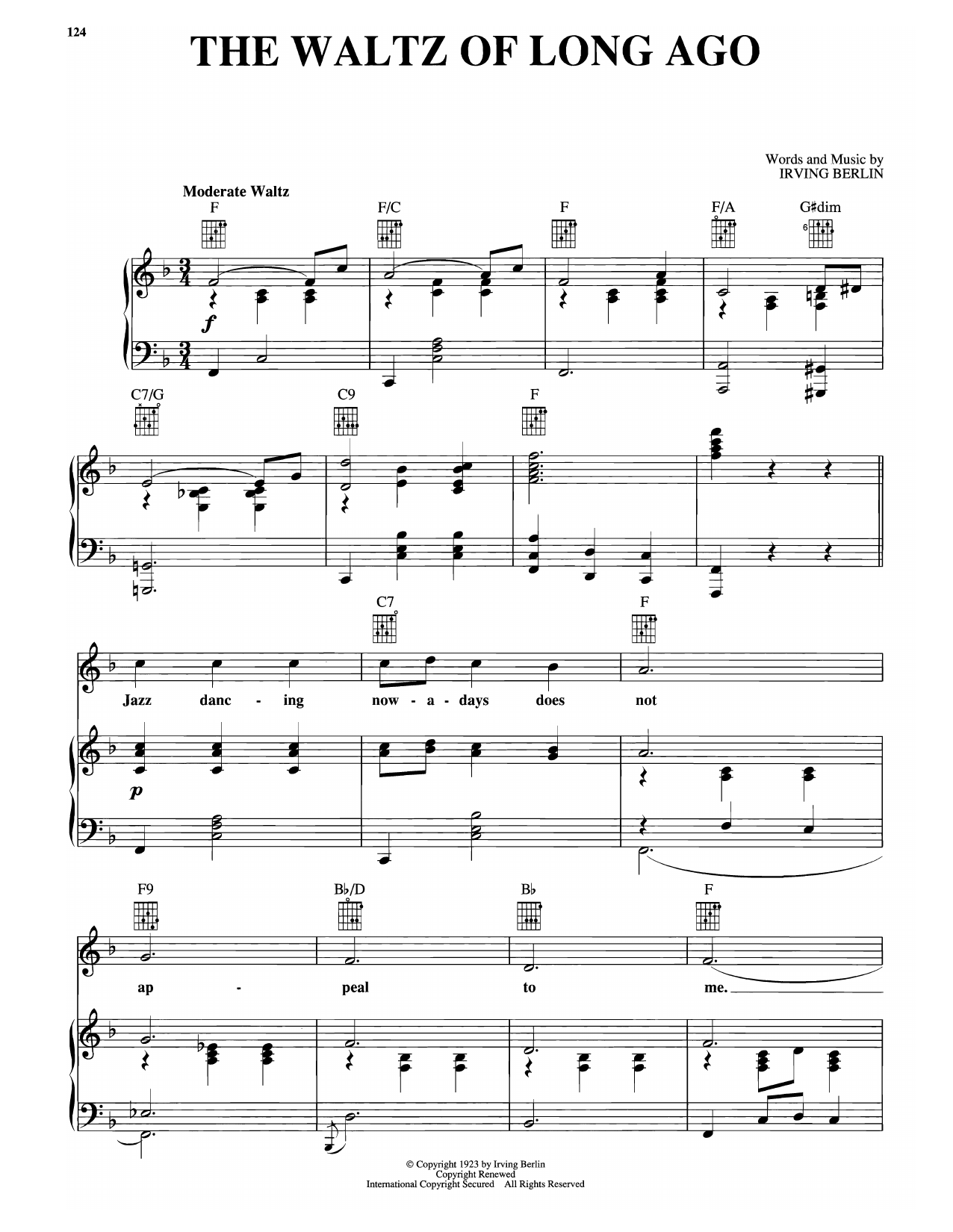 Download Irving Berlin The Waltz Of Long Ago Sheet Music and learn how to play Piano, Vocal & Guitar Chords (Right-Hand Melody) PDF digital score in minutes