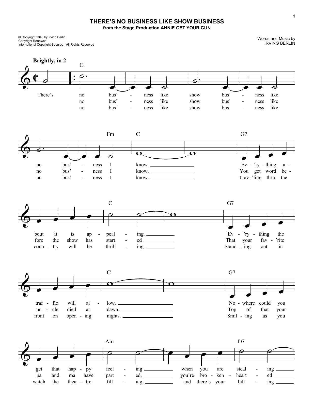Download Irving Berlin There's No Business Like Show Business (from Annie Get Your Gun) Sheet Music and learn how to play Lead Sheet / Fake Book PDF digital score in minutes