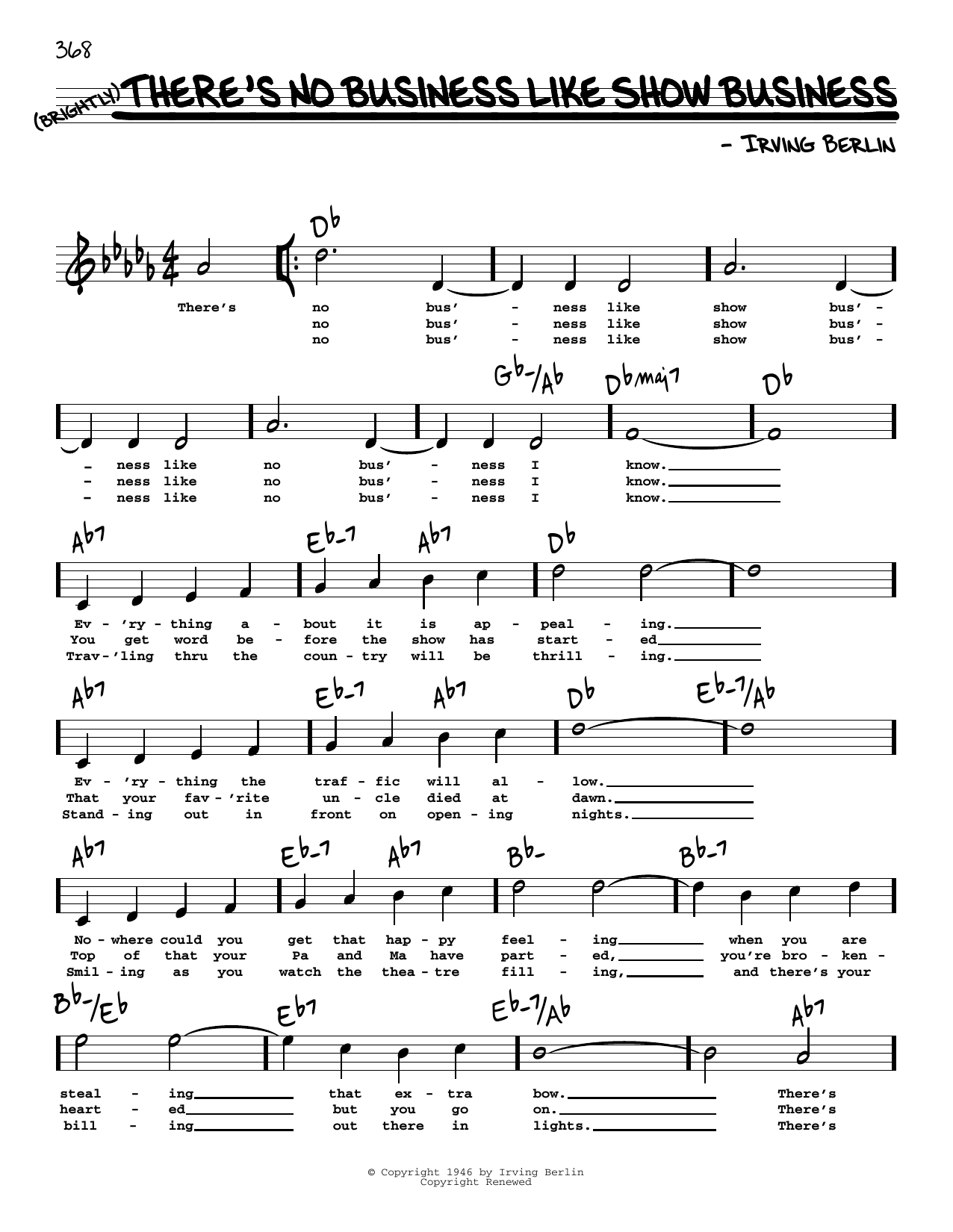 Download Irving Berlin There's No Business Like Show Business (High Voice) Sheet Music and learn how to play Real Book – Melody, Lyrics & Chords PDF digital score in minutes