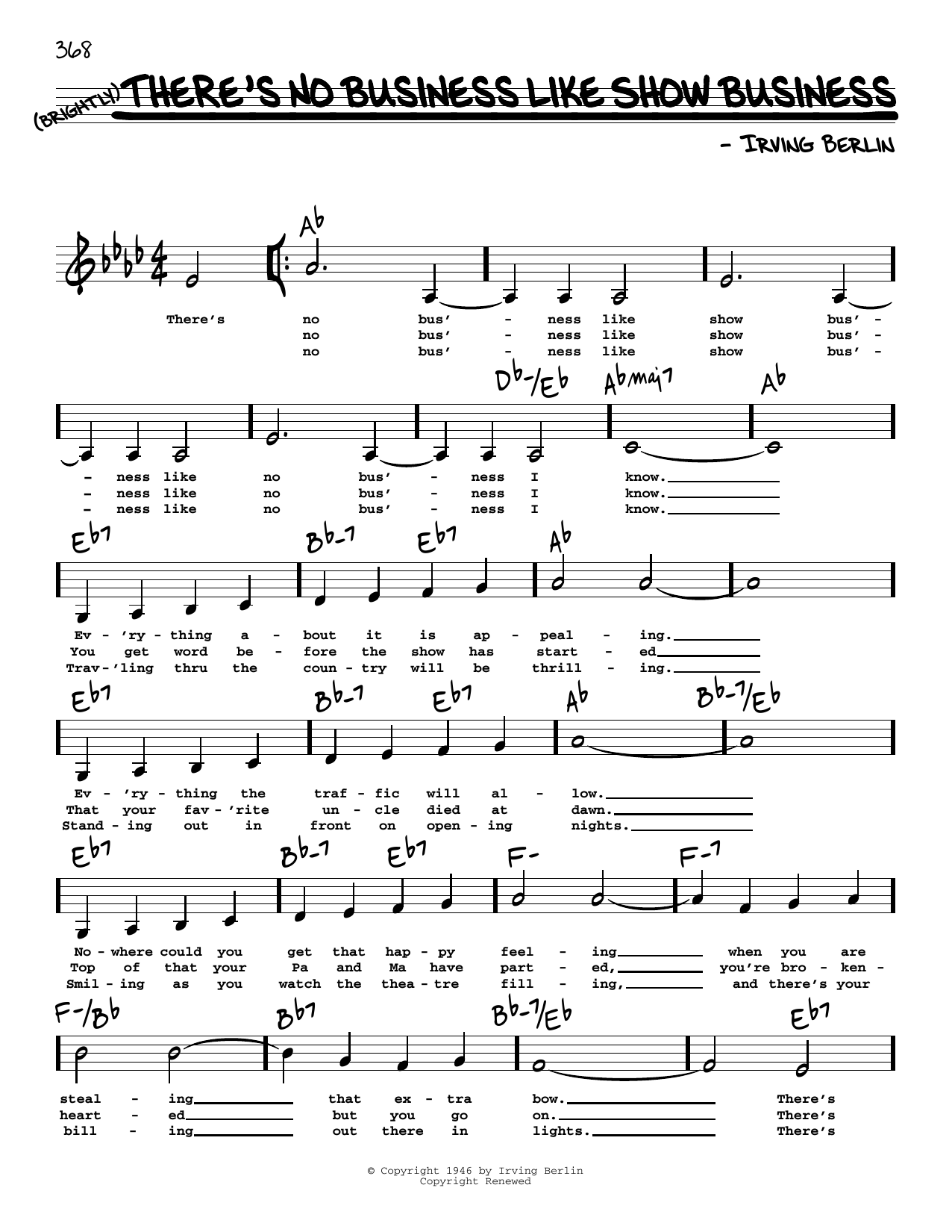 Download Irving Berlin There's No Business Like Show Business (Low Voice) Sheet Music and learn how to play Real Book – Melody, Lyrics & Chords PDF digital score in minutes