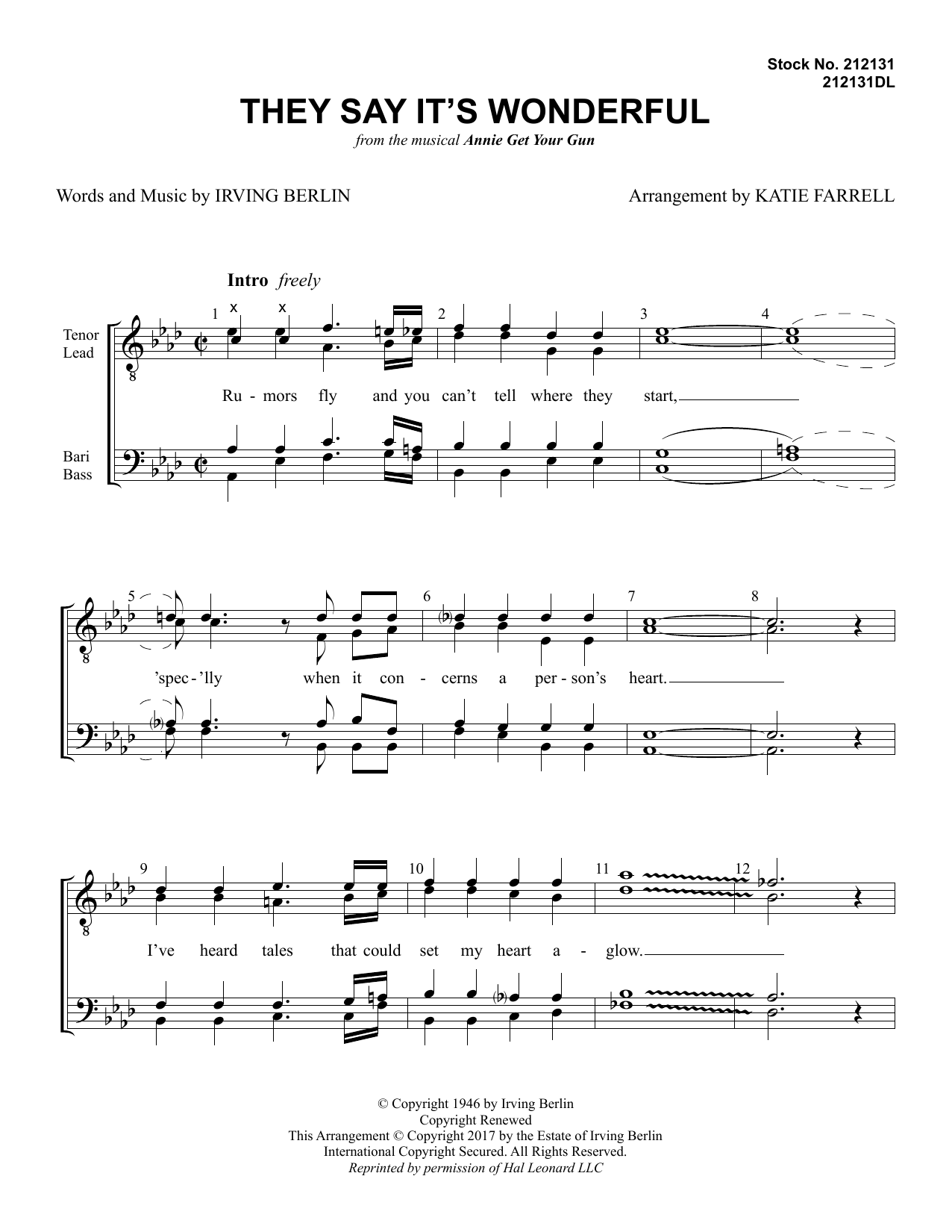 Download Irving Berlin They Say It's Wonderful (from Annie Get Your Gun) (arr. Katie Farrell) Sheet Music and learn how to play SSAA Choir PDF digital score in minutes