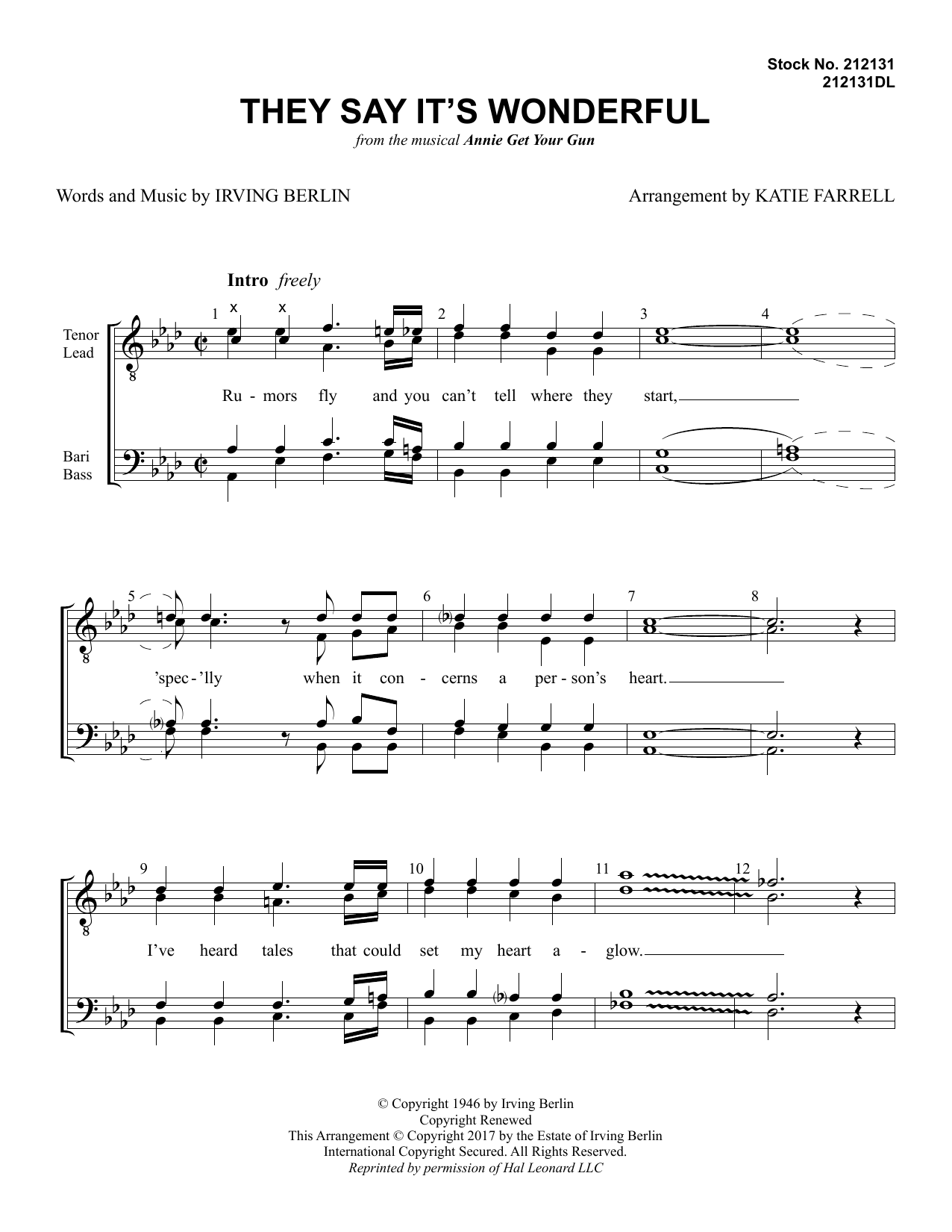 Download Irving Berlin They Say It's Wonderful (from Annie Get Your Gun) (arr. Katie Farrell) Sheet Music and learn how to play SATB Choir PDF digital score in minutes