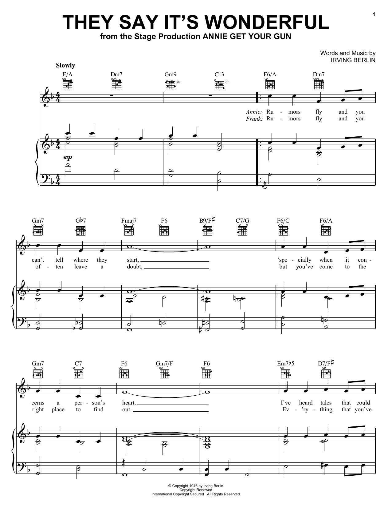 Download Irving Berlin They Say It's Wonderful (from Annie Get Your Gun) Sheet Music and learn how to play Lead Sheet / Fake Book PDF digital score in minutes