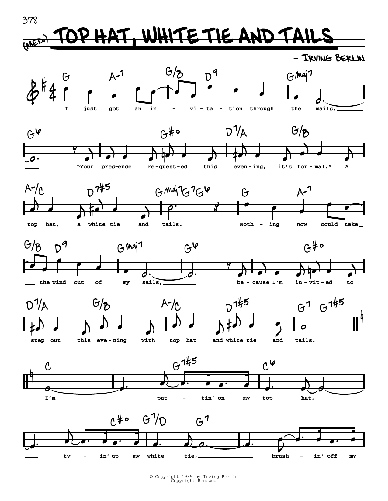 Download Irving Berlin Top Hat, White Tie And Tails (High Voice) Sheet Music and learn how to play Real Book – Melody, Lyrics & Chords PDF digital score in minutes