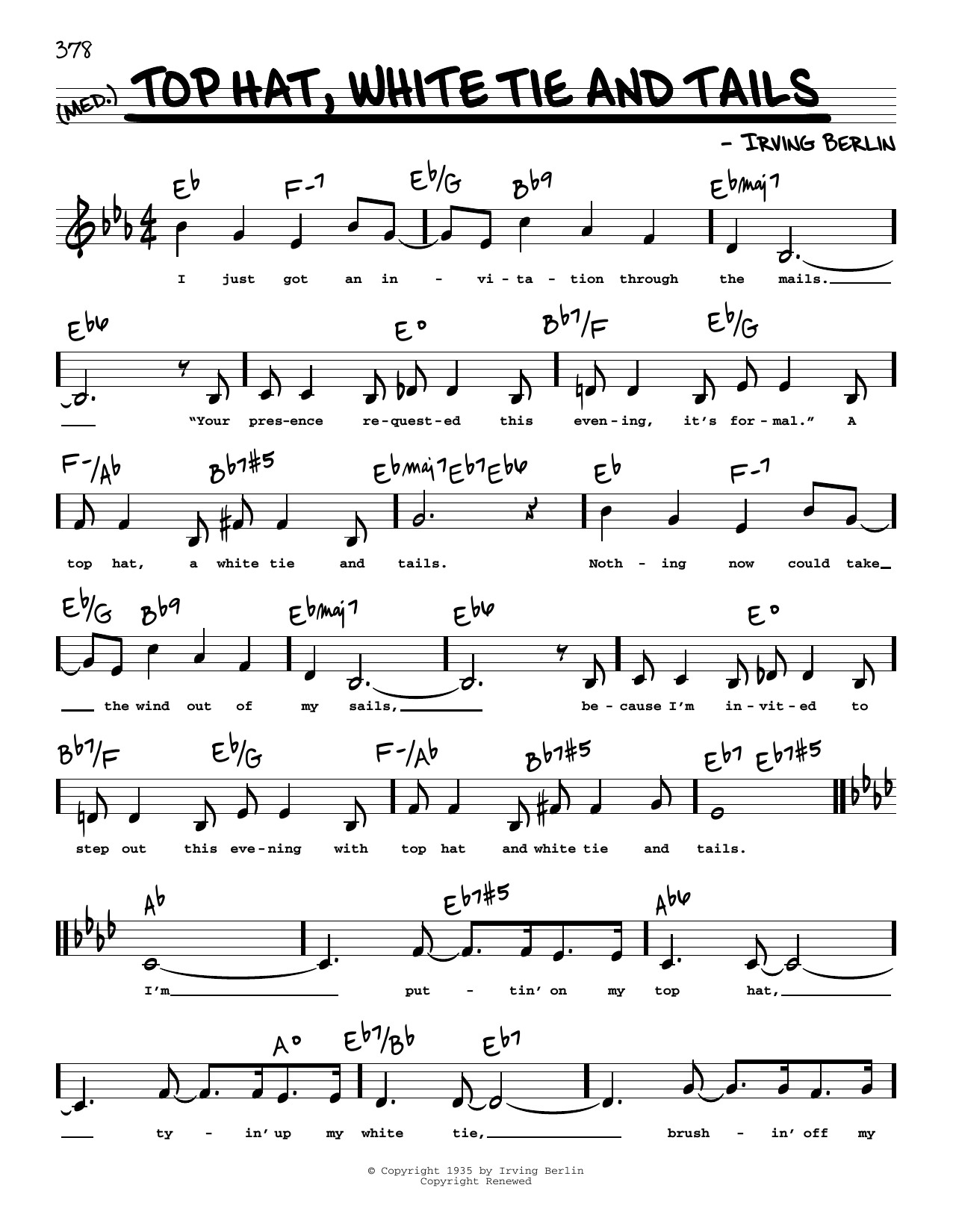 Download Irving Berlin Top Hat, White Tie And Tails (Low Voice) Sheet Music and learn how to play Real Book – Melody, Lyrics & Chords PDF digital score in minutes