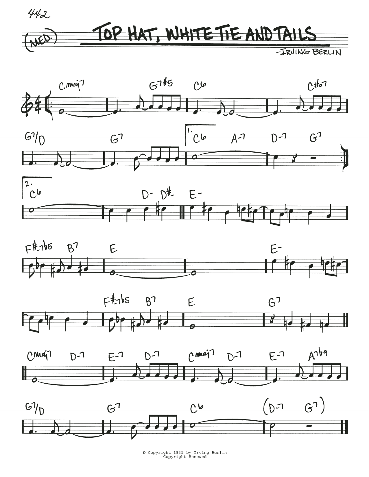 Download Irving Berlin Top Hat, White Tie And Tails Sheet Music and learn how to play Real Book – Melody & Chords PDF digital score in minutes