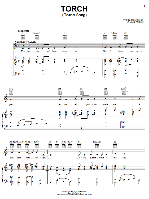 Download Irving Berlin Torch (Torch Song) Sheet Music and learn how to play Piano, Vocal & Guitar (Right-Hand Melody) PDF digital score in minutes