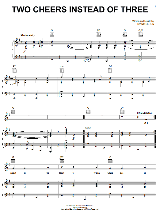 Download Irving Berlin Two Cheers Instead Of Three Sheet Music and learn how to play Piano, Vocal & Guitar (Right-Hand Melody) PDF digital score in minutes