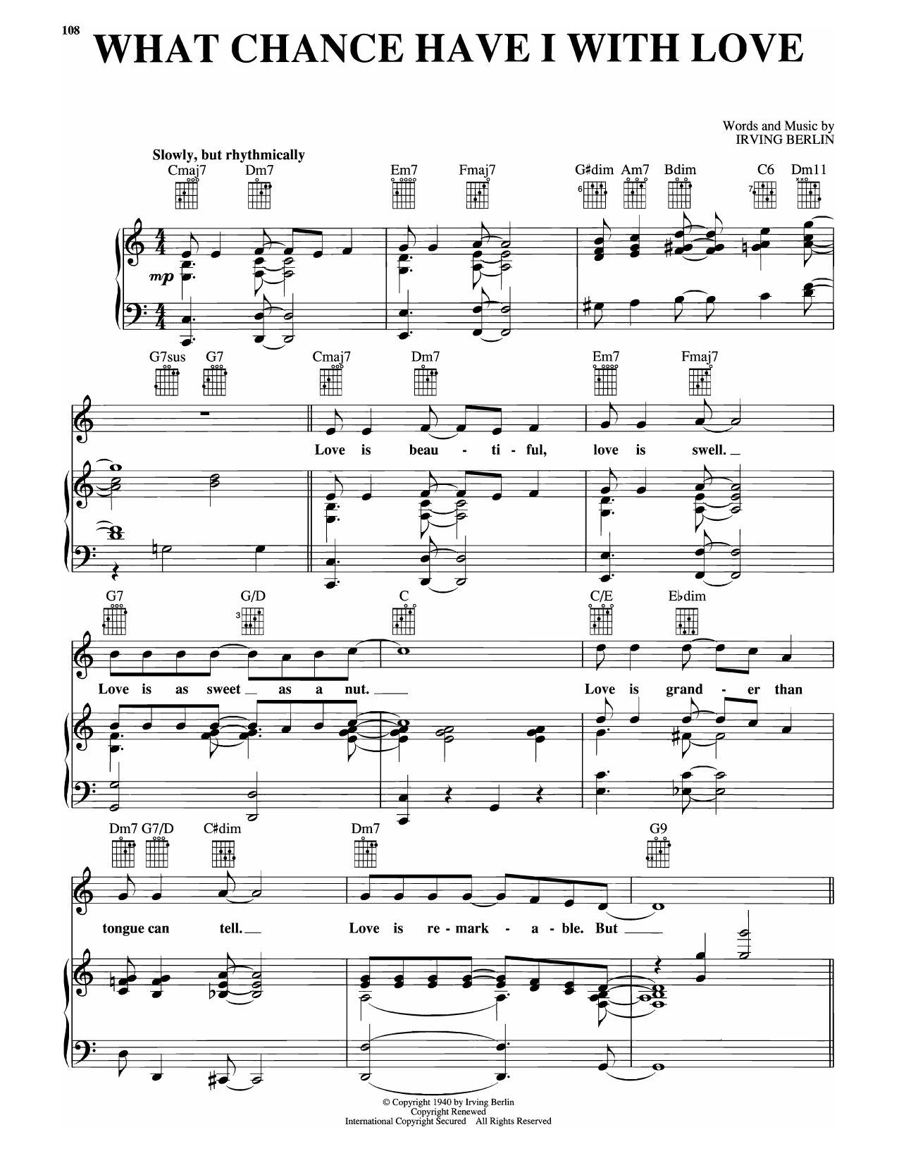 Download Irving Berlin What Chance Have I With Love? (from Louisiana Purchase) Sheet Music and learn how to play Piano, Vocal & Guitar Chords (Right-Hand Melody) PDF digital score in minutes