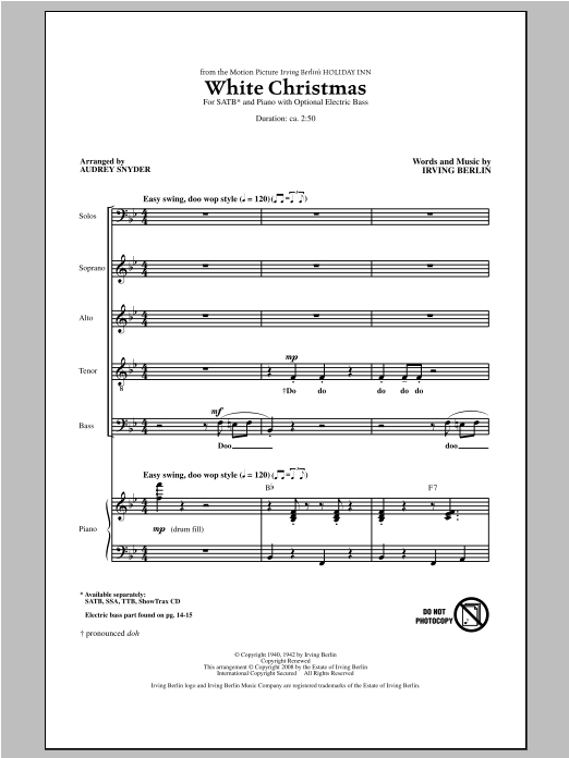 Download Irving Berlin White Christmas (arr. Audrey Snyder) Sheet Music and learn how to play SSA PDF digital score in minutes