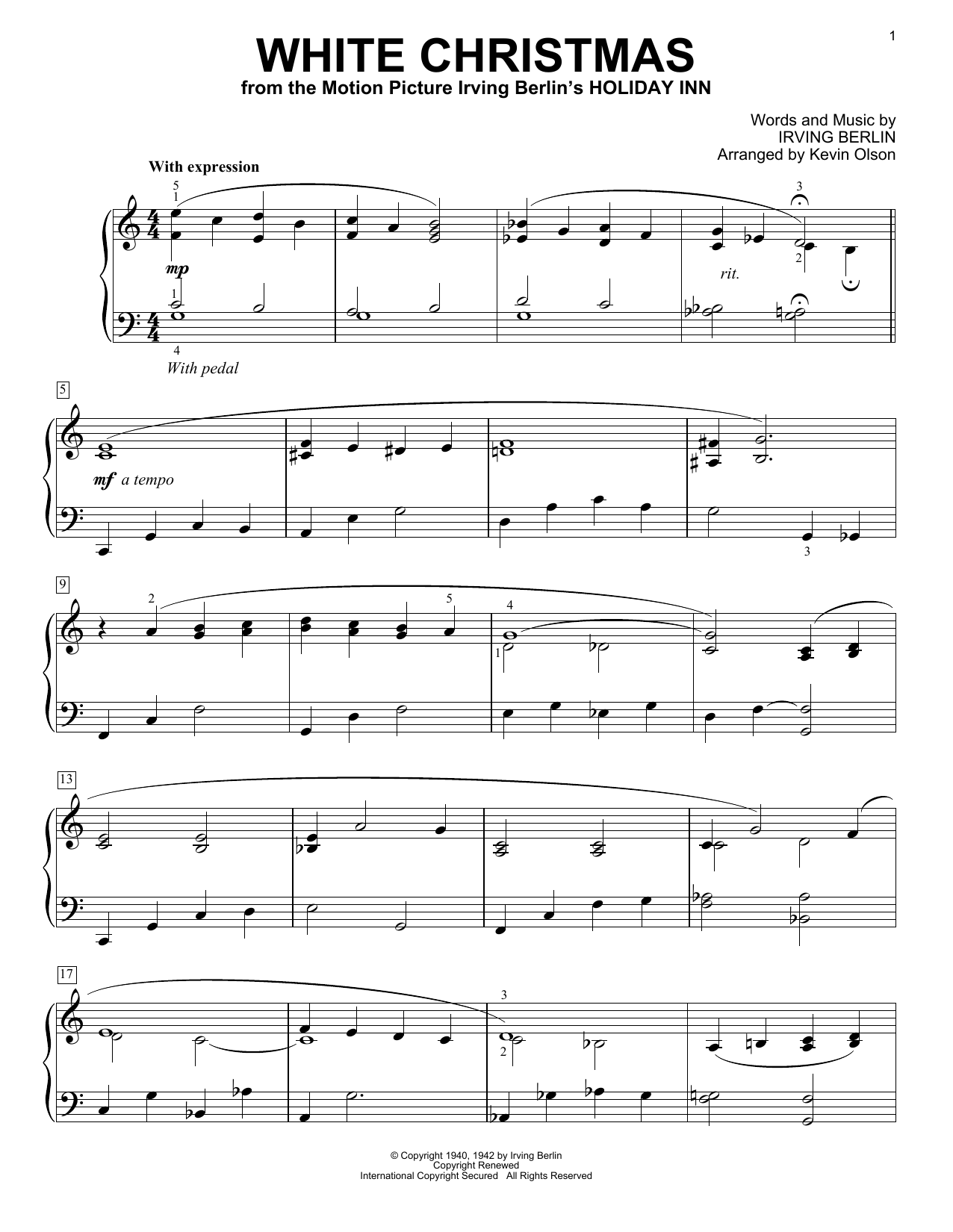 Download Irving Berlin White Christmas (arr. Kevin Olson) Sheet Music and learn how to play Easy Piano Solo PDF digital score in minutes