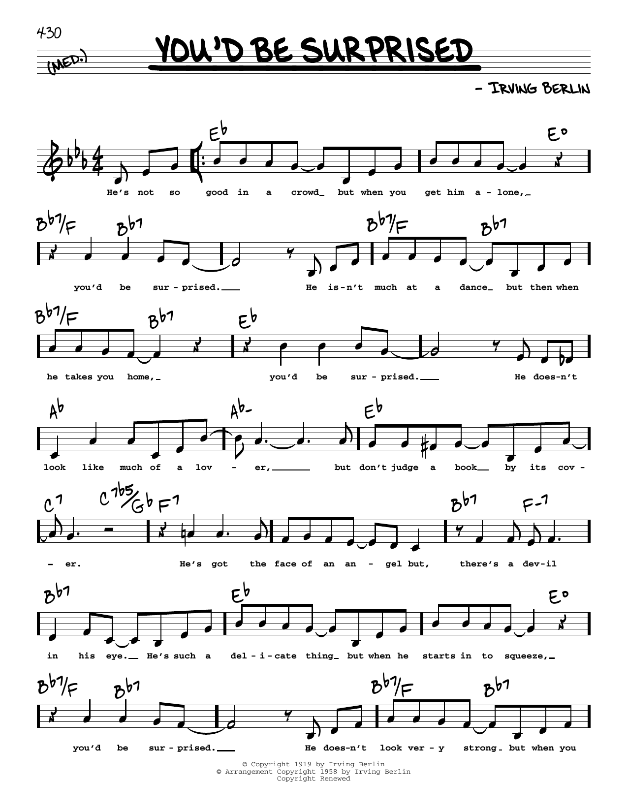 Download Irving Berlin You'd Be Surprised (Low Voice) Sheet Music and learn how to play Real Book – Melody, Lyrics & Chords PDF digital score in minutes