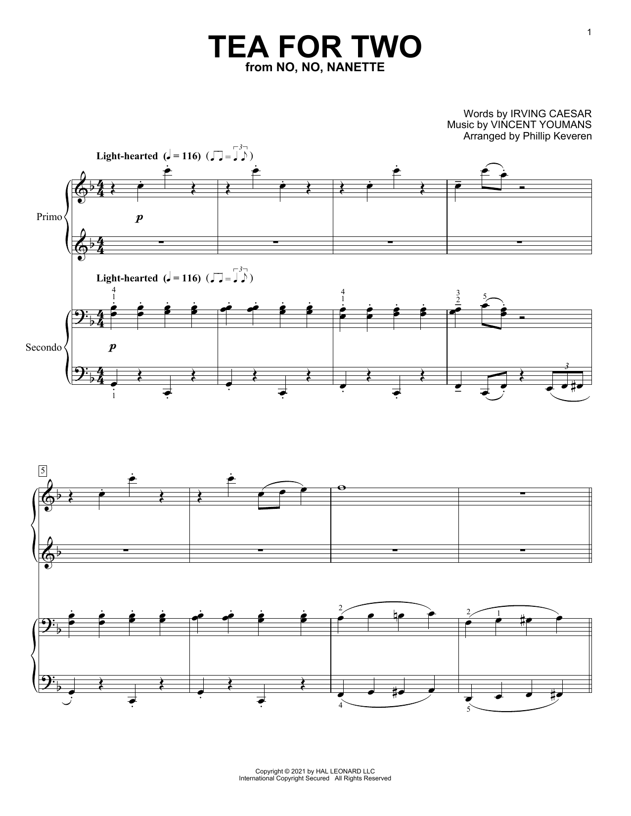 Download Irving Caesar Tea For Two (arr. Phillip Keveren) Sheet Music and learn how to play Piano Duet PDF digital score in minutes