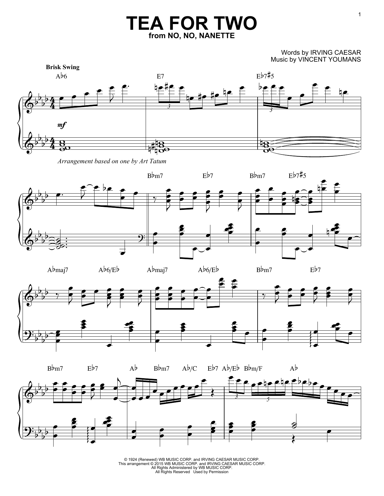 Download Vincent Youmans Tea For Two Sheet Music and learn how to play Piano PDF digital score in minutes