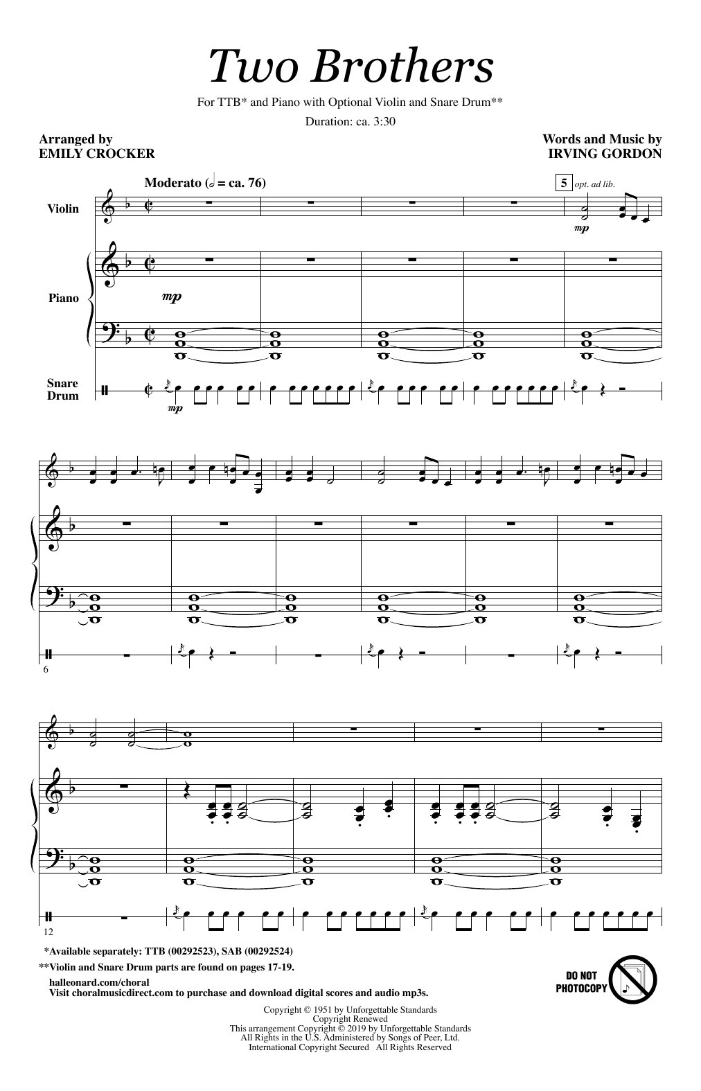 Download Irving Gordon Two Brothers (arr. Emily Crocker) Sheet Music and learn how to play TTB Choir PDF digital score in minutes