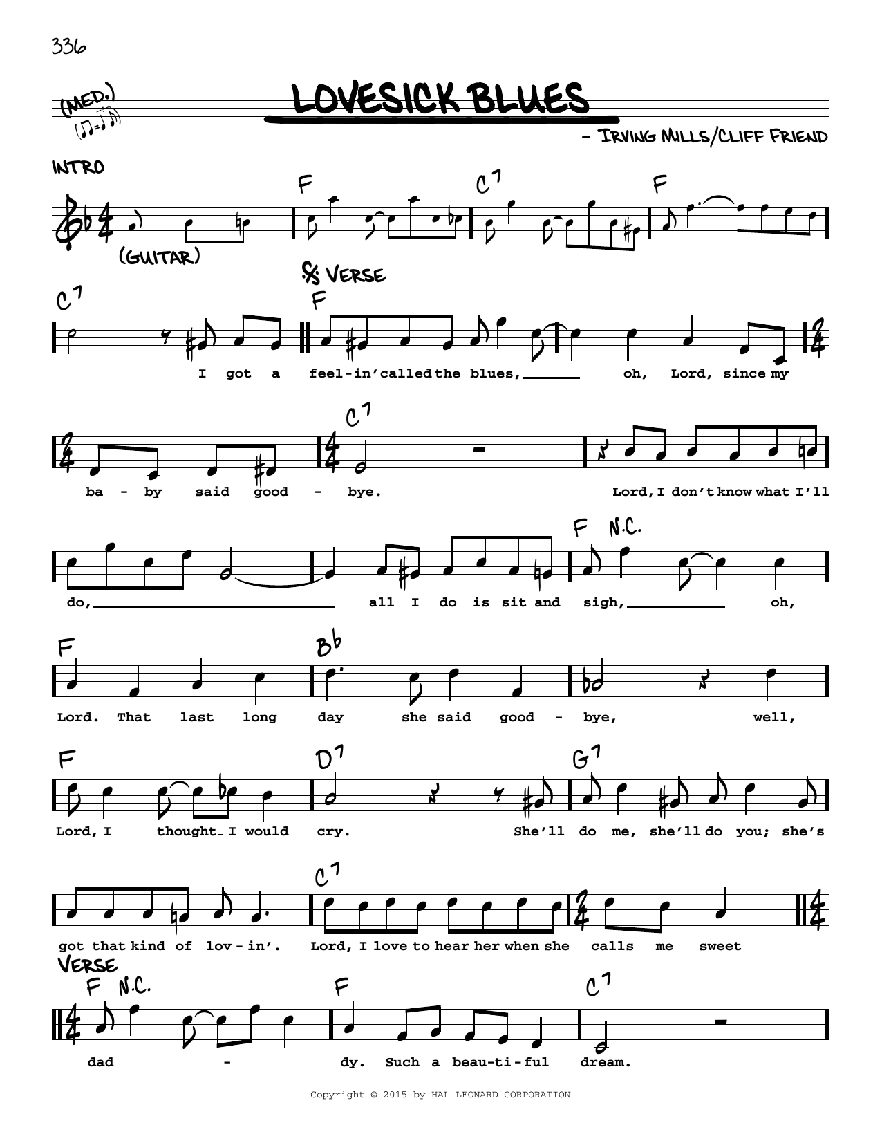 Download Irving Mills Lovesick Blues Sheet Music and learn how to play Real Book – Melody, Lyrics & Chords PDF digital score in minutes