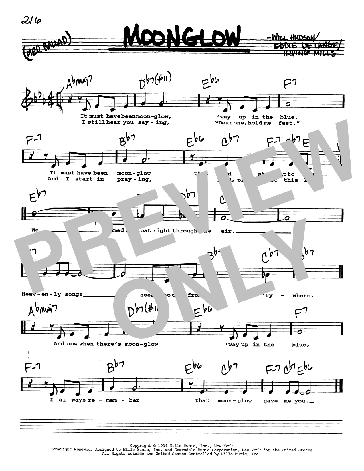 Download Irving Mills Moonglow (Low Voice) Sheet Music and learn how to play Real Book – Melody, Lyrics & Chords PDF digital score in minutes