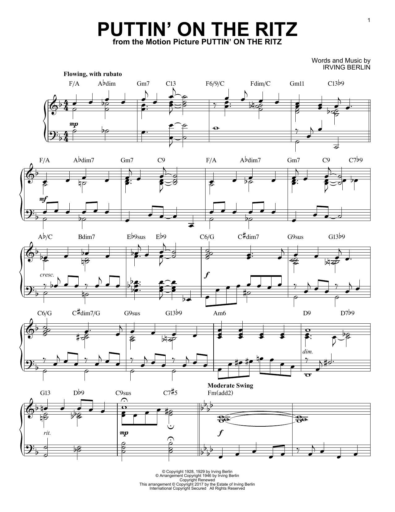 Irving Berlin Puttin On The Ritz Sheet Music Notes Chords Piano Download Jazz 1563 Pdf