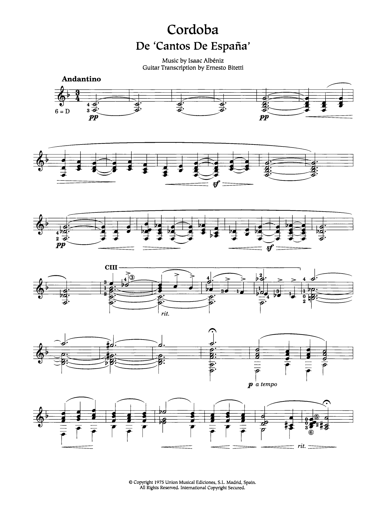 Download Isaac Albéniz Cordoba Sheet Music and learn how to play Piano Solo PDF digital score in minutes