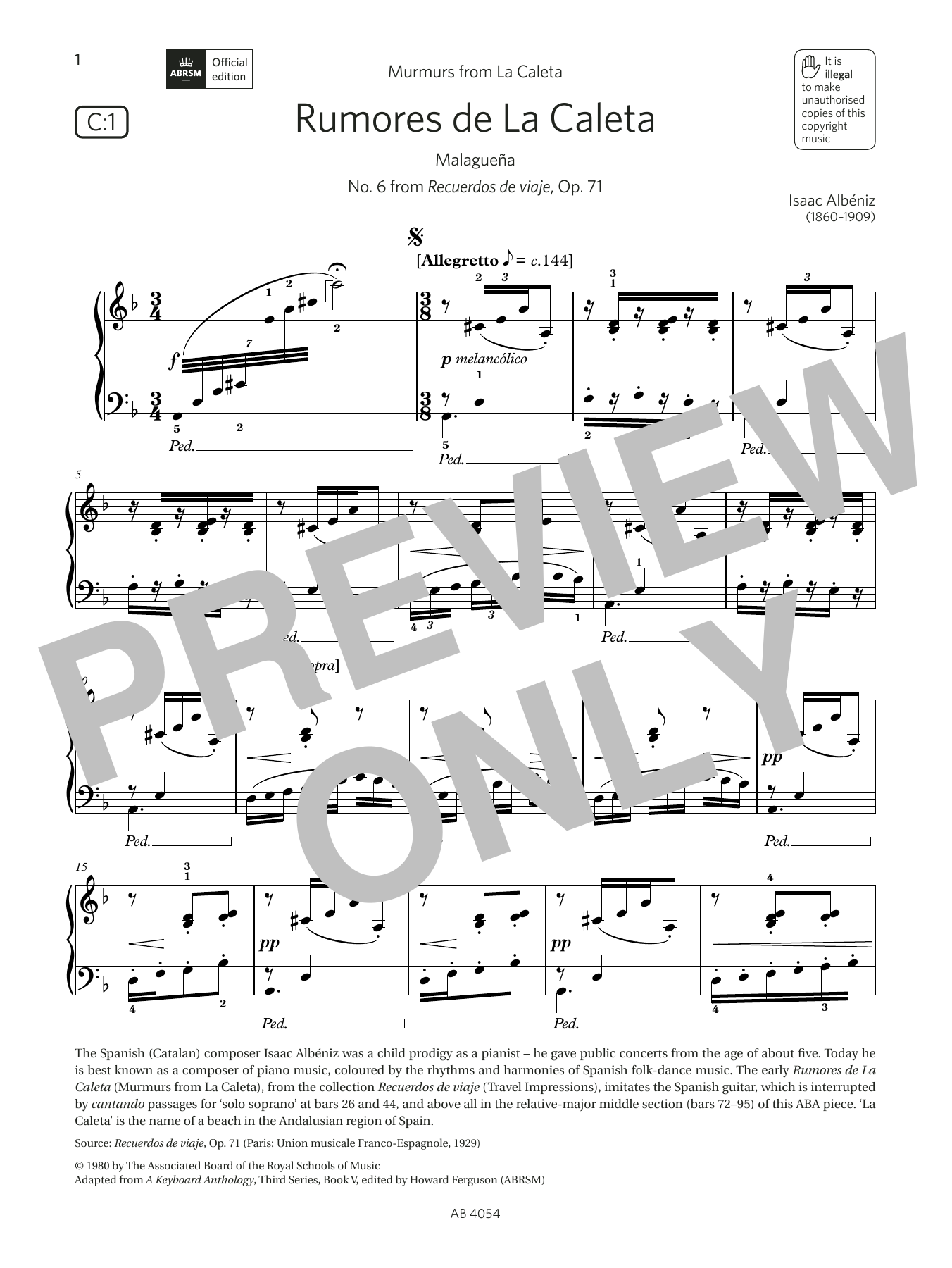 Download Isaac Albéniz Rumores de La Caleta (Grade 8, list C1, from the ABRSM Piano Syllabus 2023 & 202 Sheet Music and learn how to play Piano Solo PDF digital score in minutes