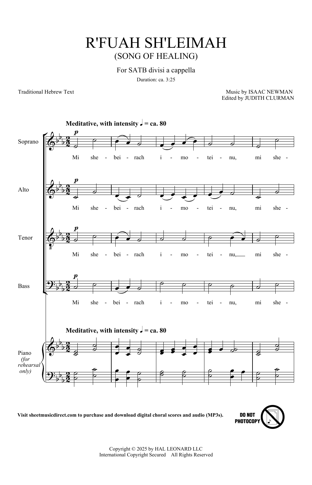 Download Isaac Newman R'fuah Sh'leimah (Song Of Healing) Sheet Music and learn how to play SATB divisi Choir PDF digital score in minutes