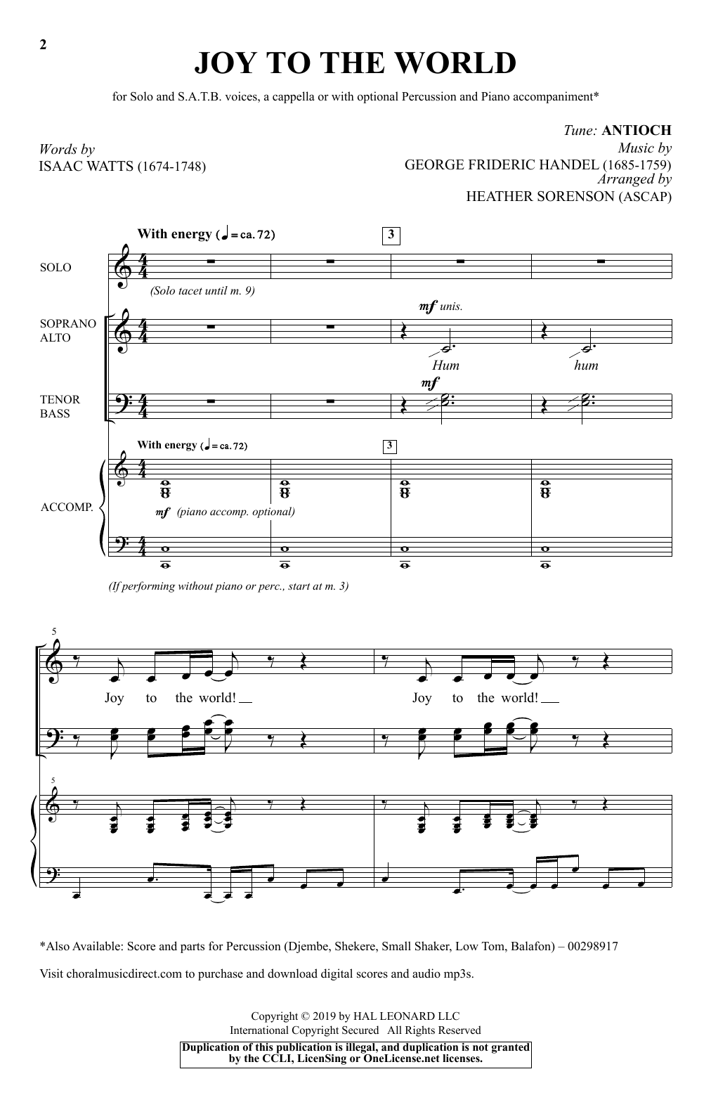 Download Isaac Watts Joy To The World (arr. Heather Sorenson) Sheet Music and learn how to play SATB Choir PDF digital score in minutes