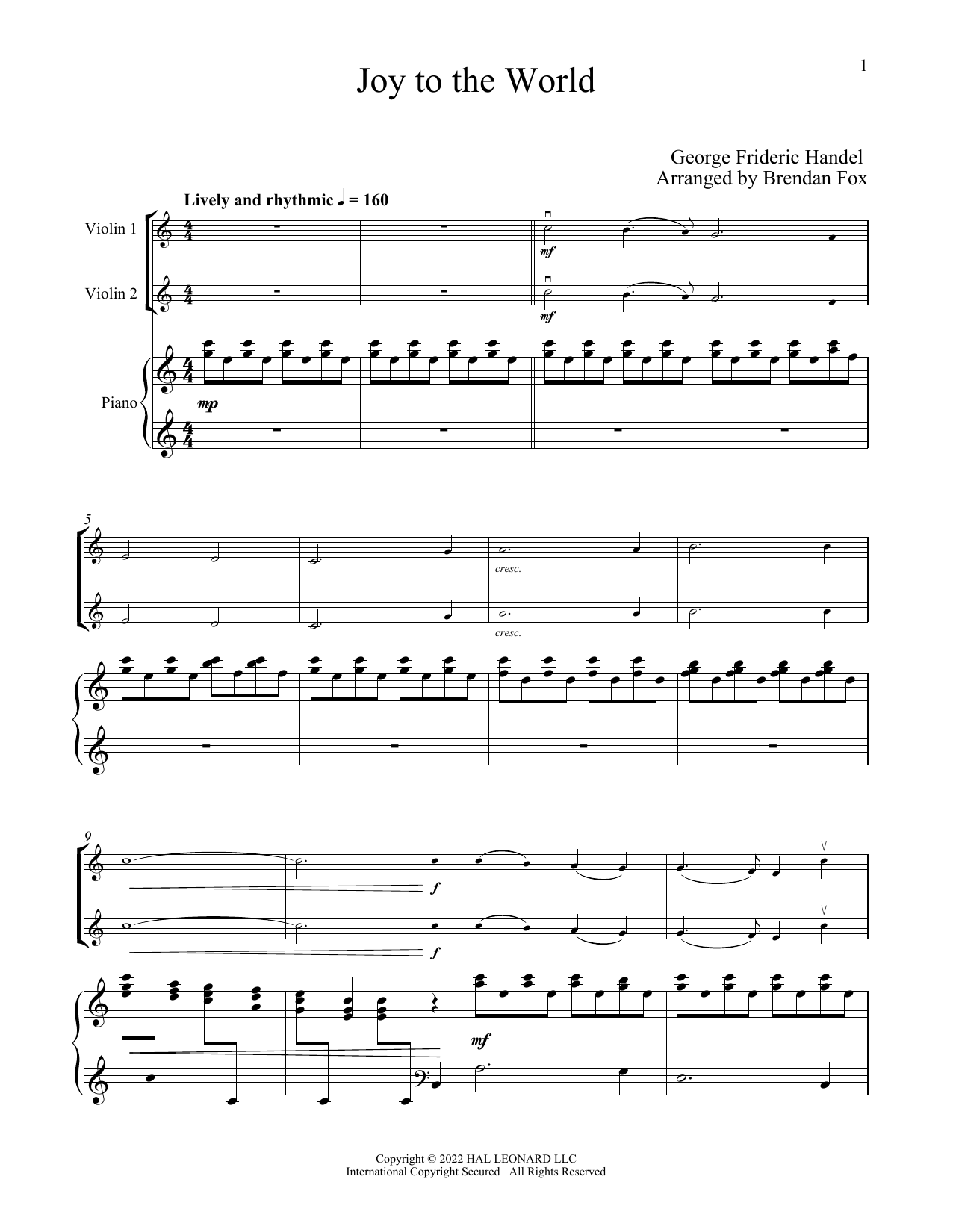 Download Isaac Watts Joy To The World (for Violin Duet and Piano) Sheet Music and learn how to play Violin and Piano PDF digital score in minutes