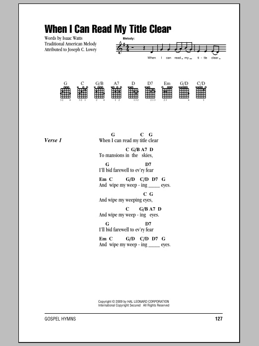 Download Isaac Watts When I Can Read My Title Clear Sheet Music and learn how to play Piano, Vocal & Guitar Chords (Right-Hand Melody) PDF digital score in minutes