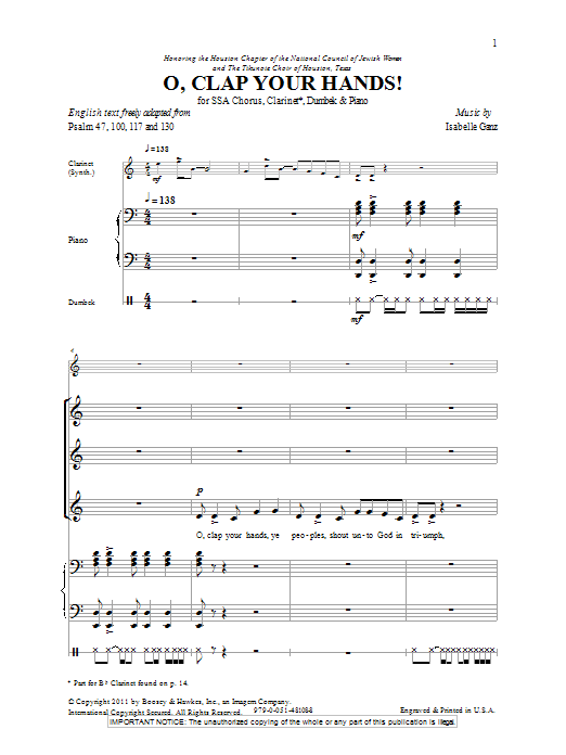 Download Isabelle Ganz O Clap Your Hands! Sheet Music and learn how to play SSA PDF digital score in minutes