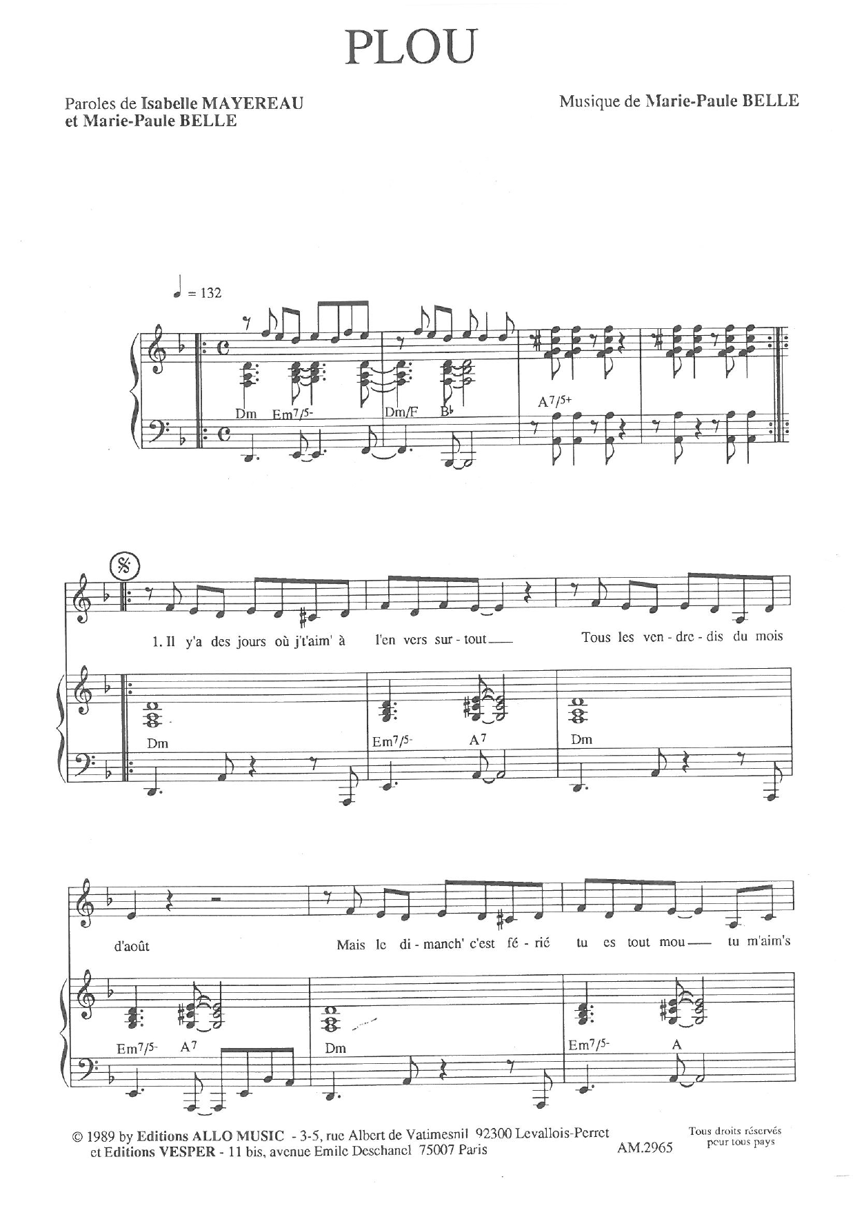 Download Isabelle Mayereau and Marie Paule Belle Plou Sheet Music and learn how to play Piano & Vocal PDF digital score in minutes