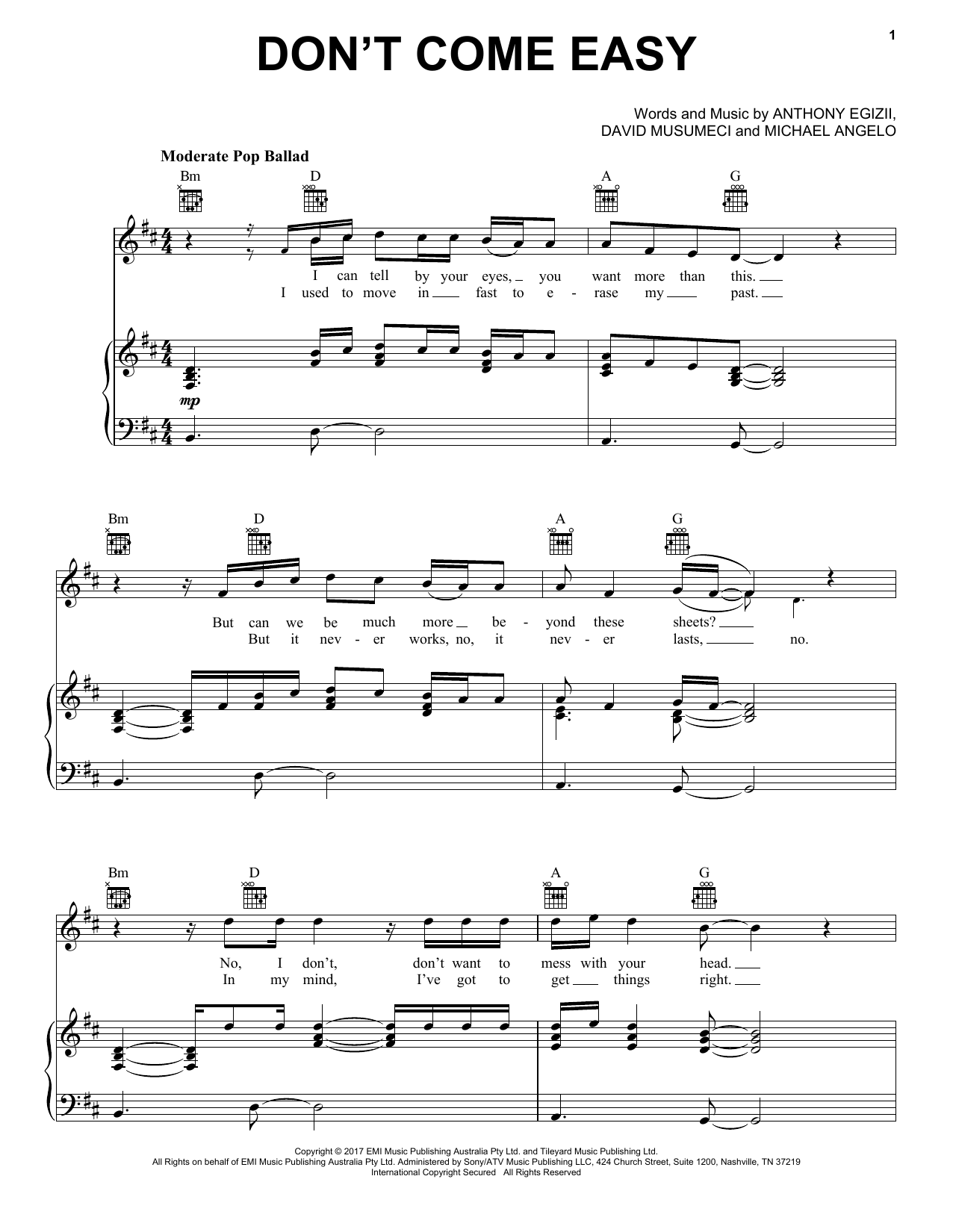 Download Isaiah Don't Come Easy Sheet Music and learn how to play Piano, Vocal & Guitar (Right-Hand Melody) PDF digital score in minutes