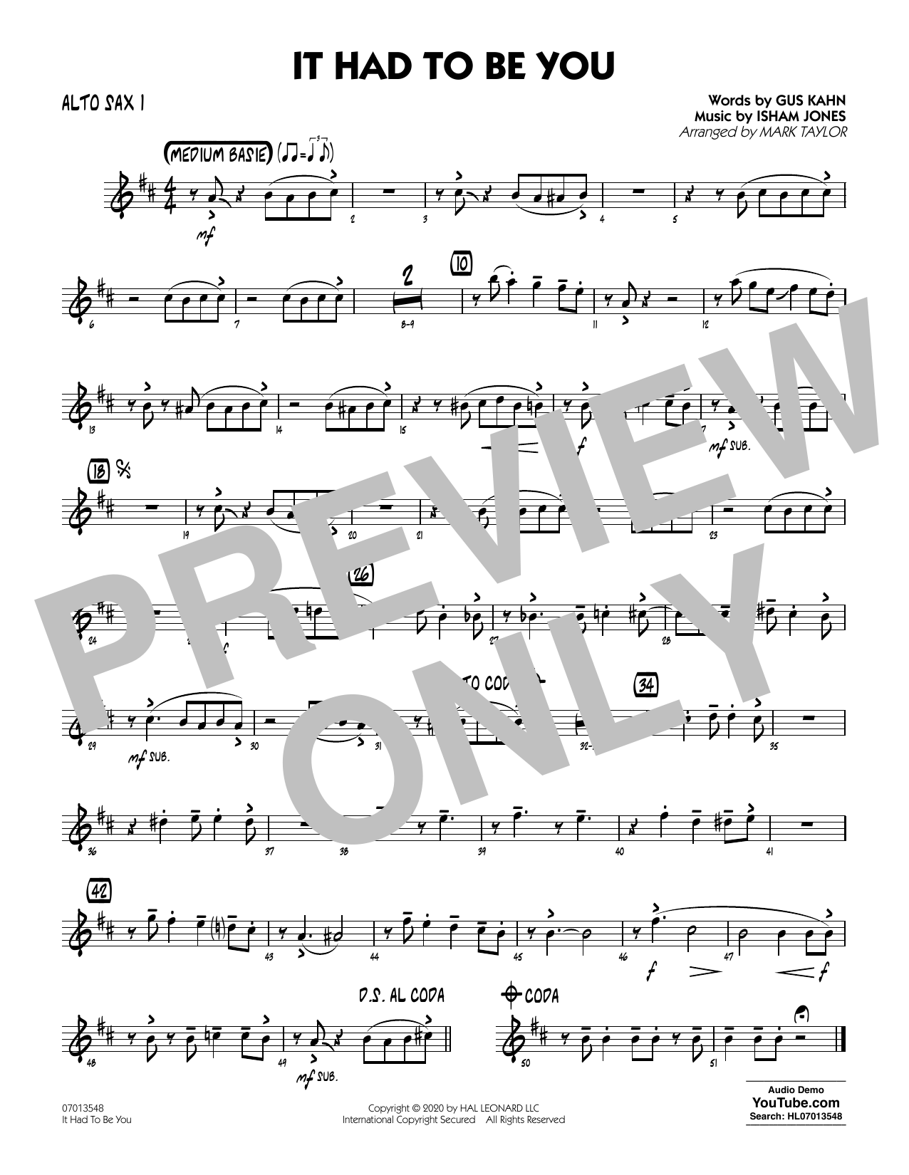 Download Isham Jones and Gus Kahn It Had to Be You (arr. Mark Taylor) - Alto Sax 1 Sheet Music and learn how to play Jazz Ensemble PDF digital score in minutes