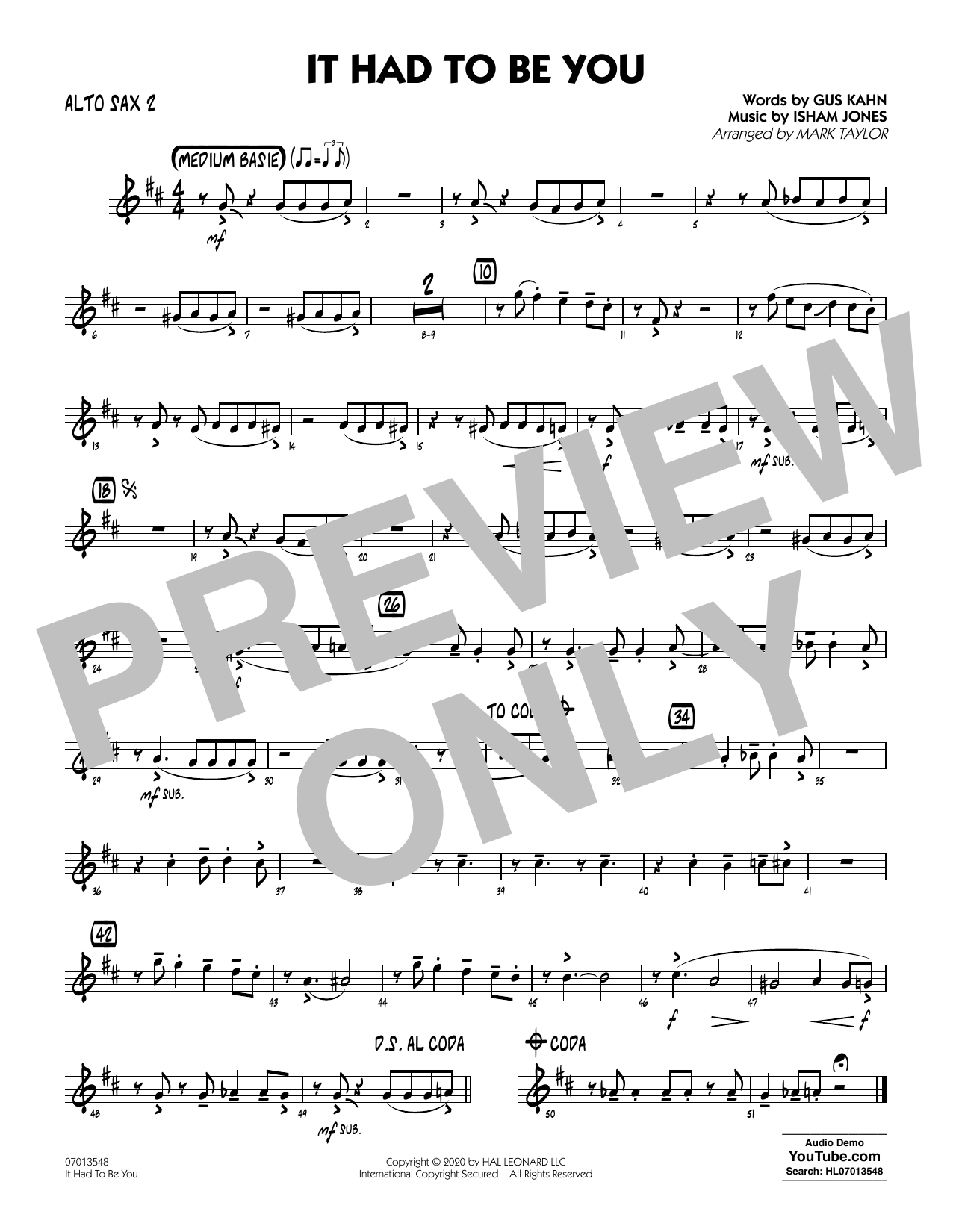 Download Isham Jones and Gus Kahn It Had to Be You (arr. Mark Taylor) - Alto Sax 2 Sheet Music and learn how to play Jazz Ensemble PDF digital score in minutes